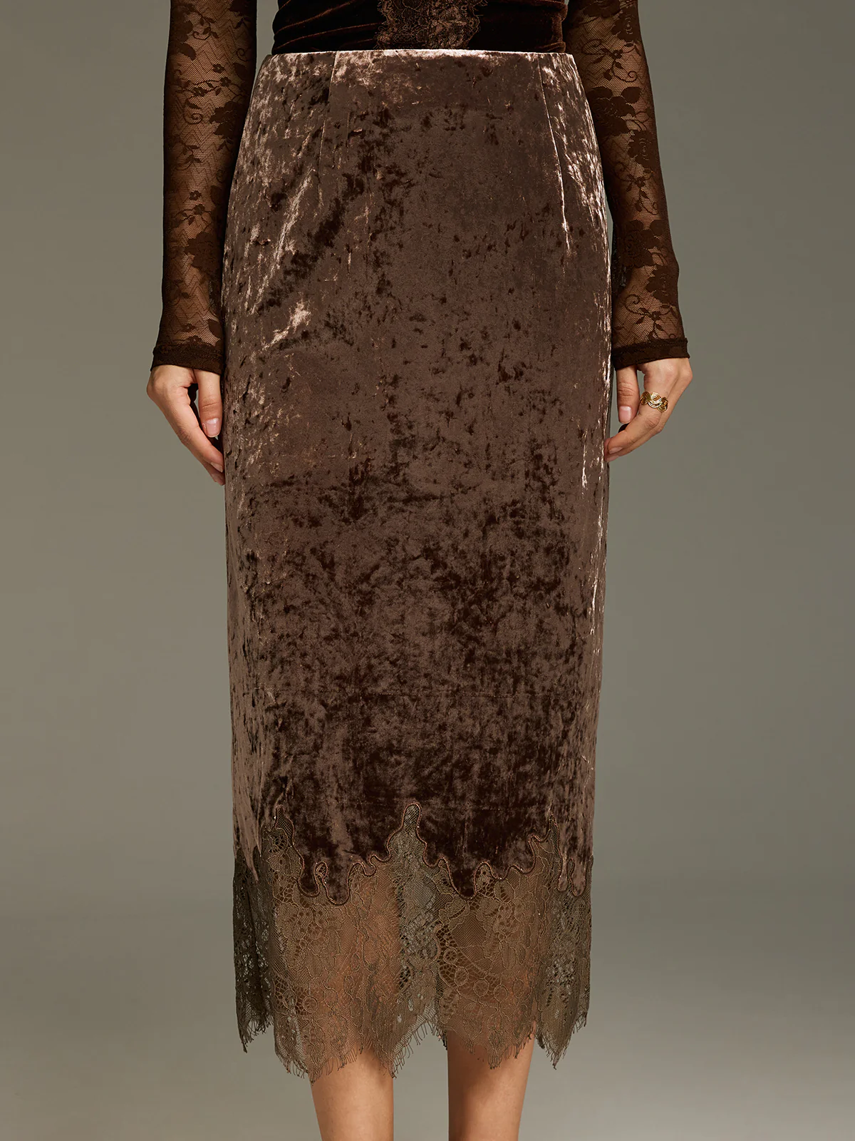 Lace Hem Velvet Midi Skirt - Image 3