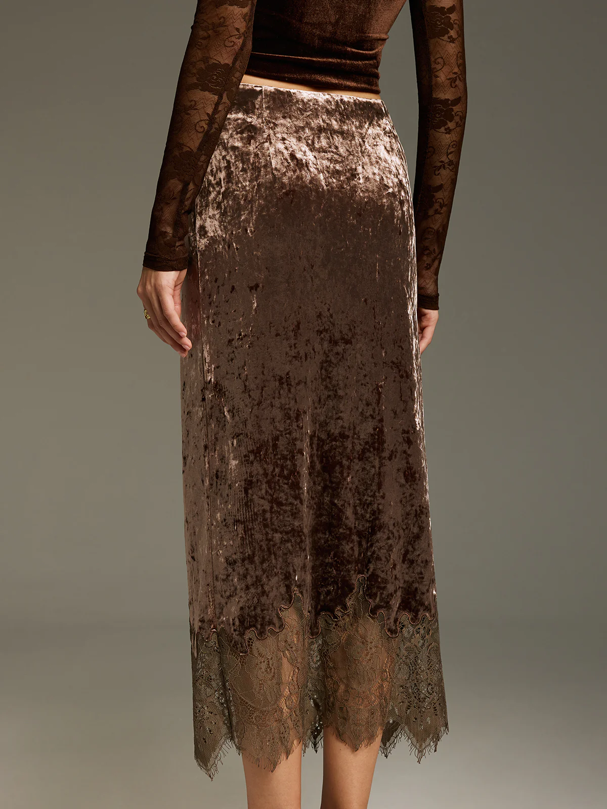 Lace Hem Velvet Midi Skirt - Image 6