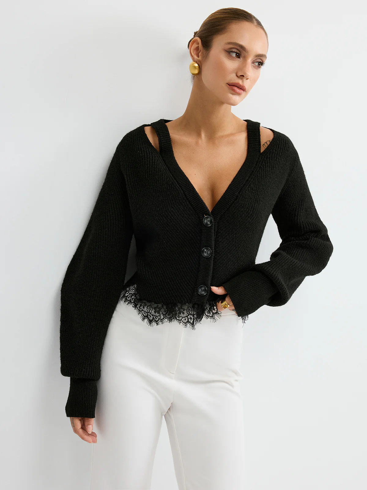 Lace Hem Wool Blend Cardigan