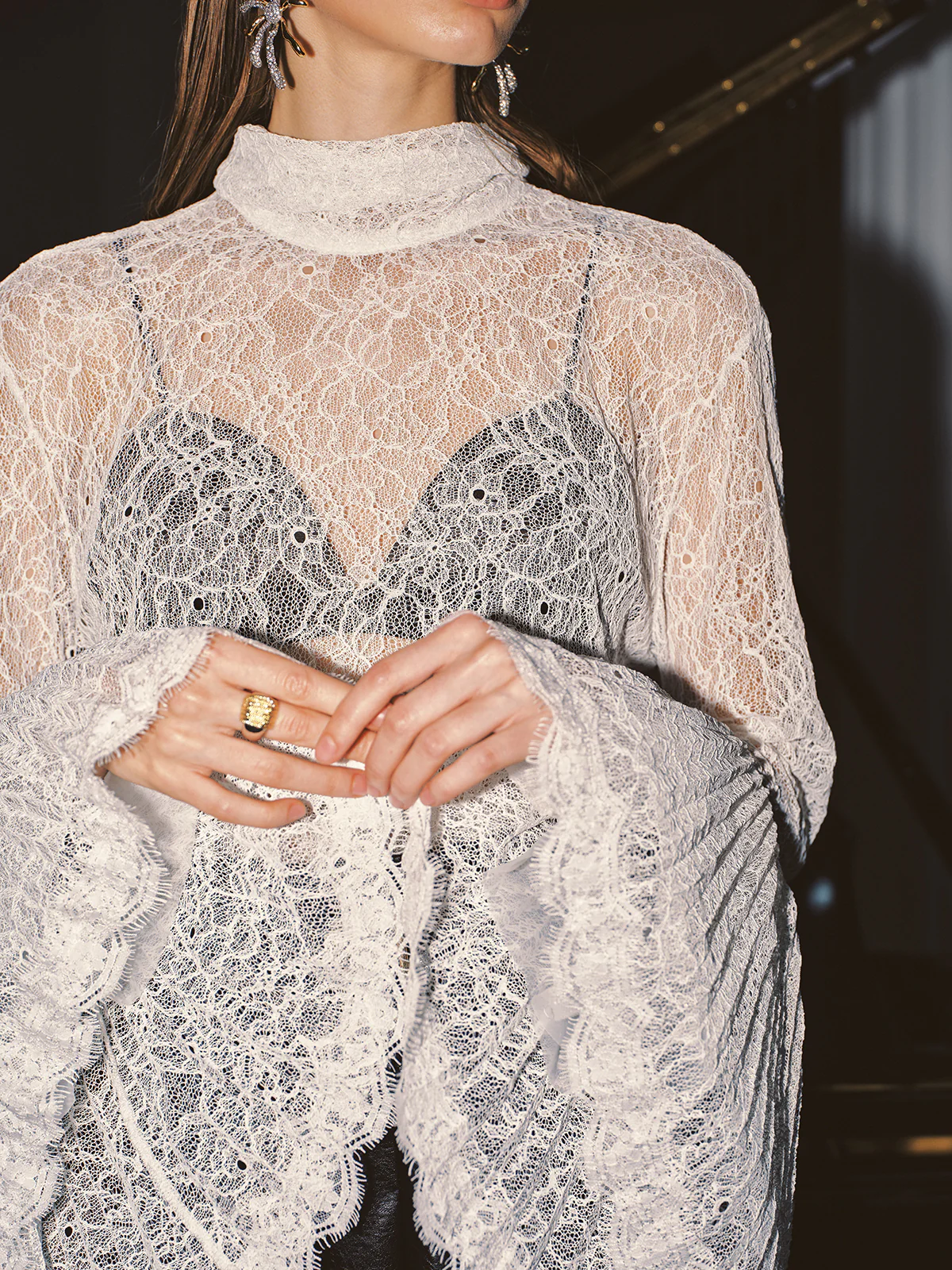 Lace High Neck Bell Sleeve Top - Image 2