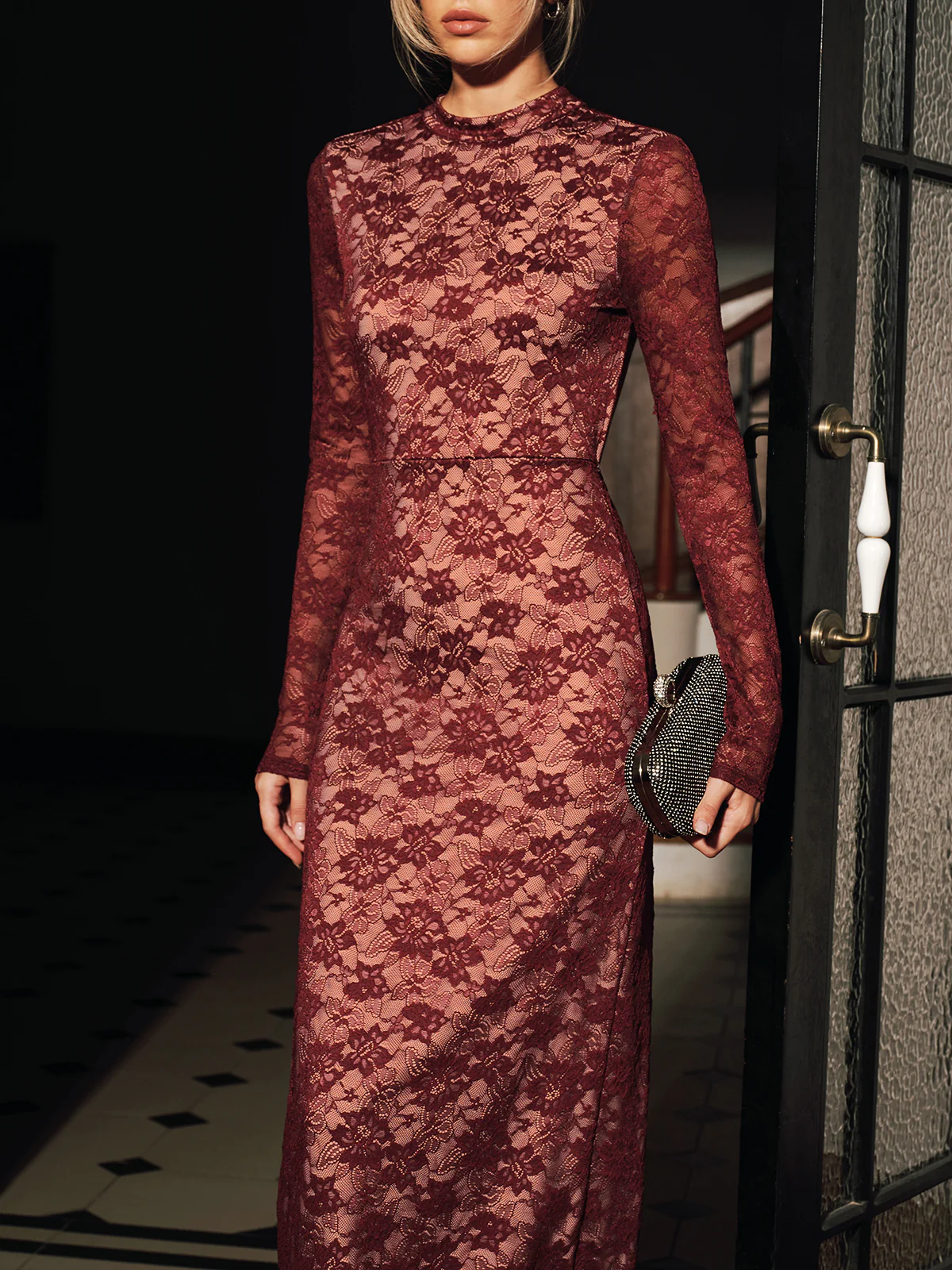 Lace Long Sleeve Fitted Backless Maxi Dress - Image 4