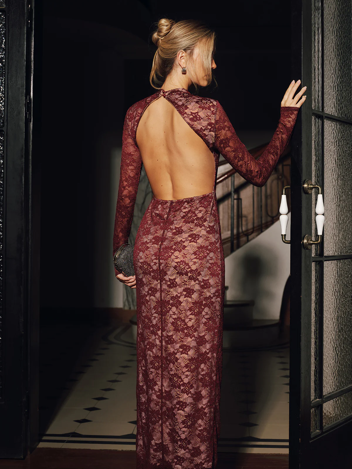 Lace Long Sleeve Fitted Backless Maxi Dress - Image 5