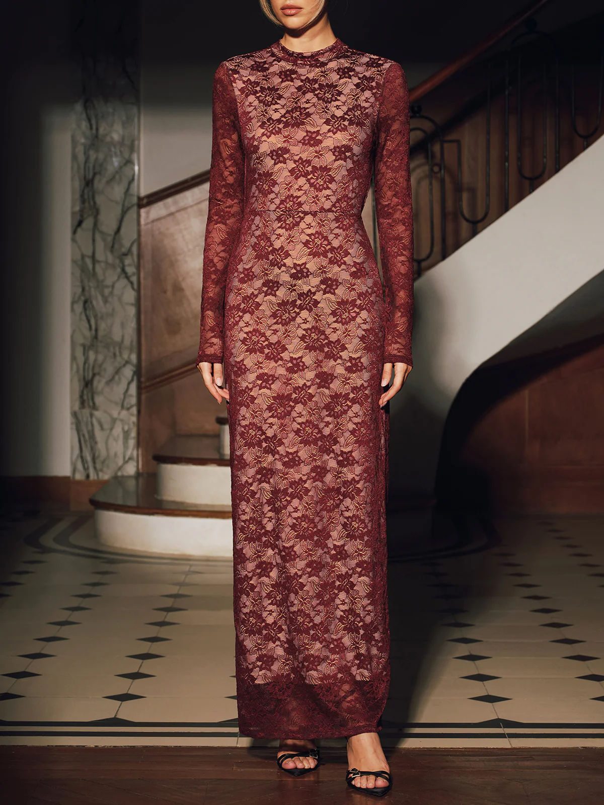 Lace Long Sleeve Fitted Backless Maxi Dress - Image 6