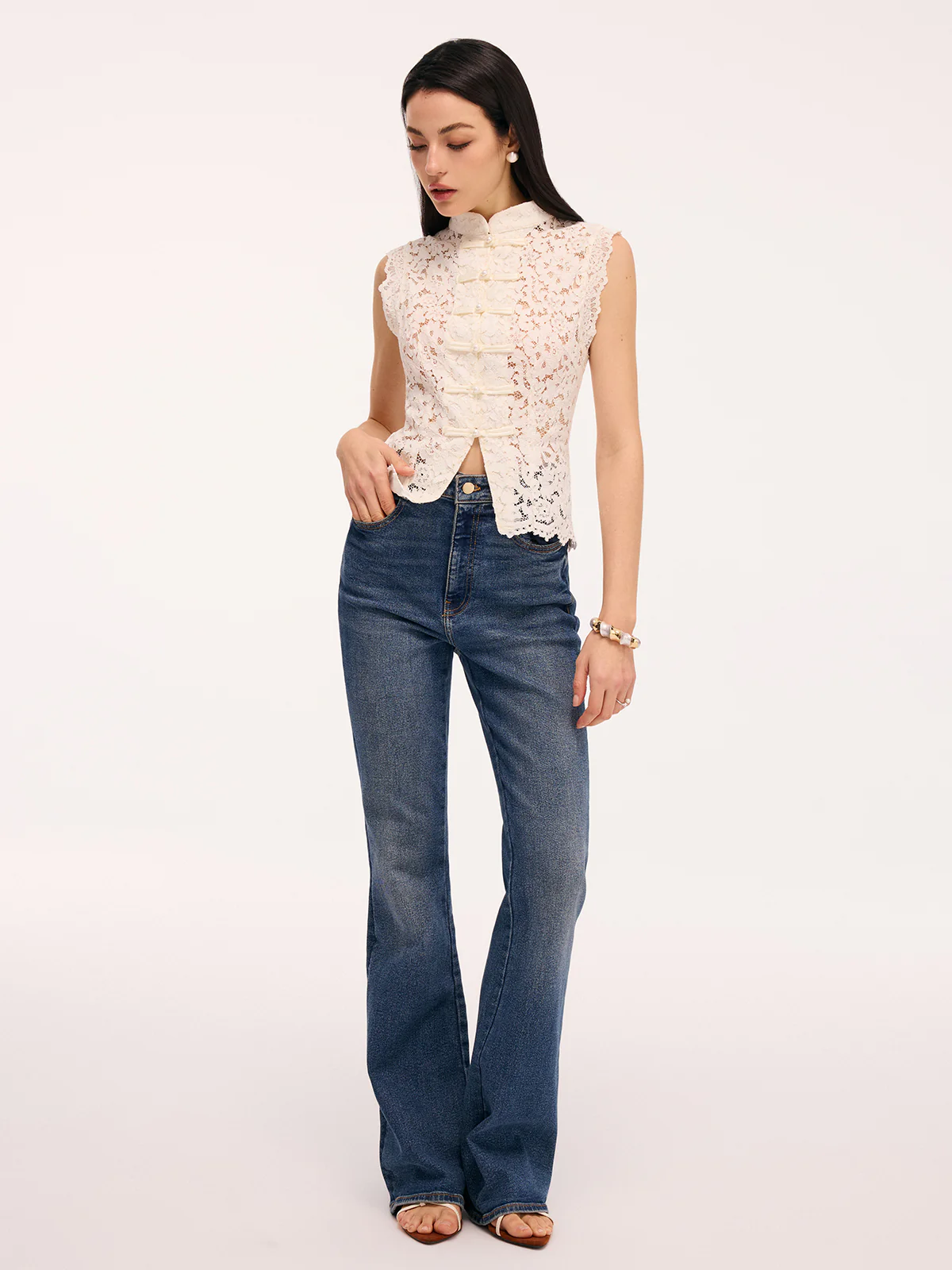 Lace Mandarin Collar Pearl Button Sleeveless Top - Image 2