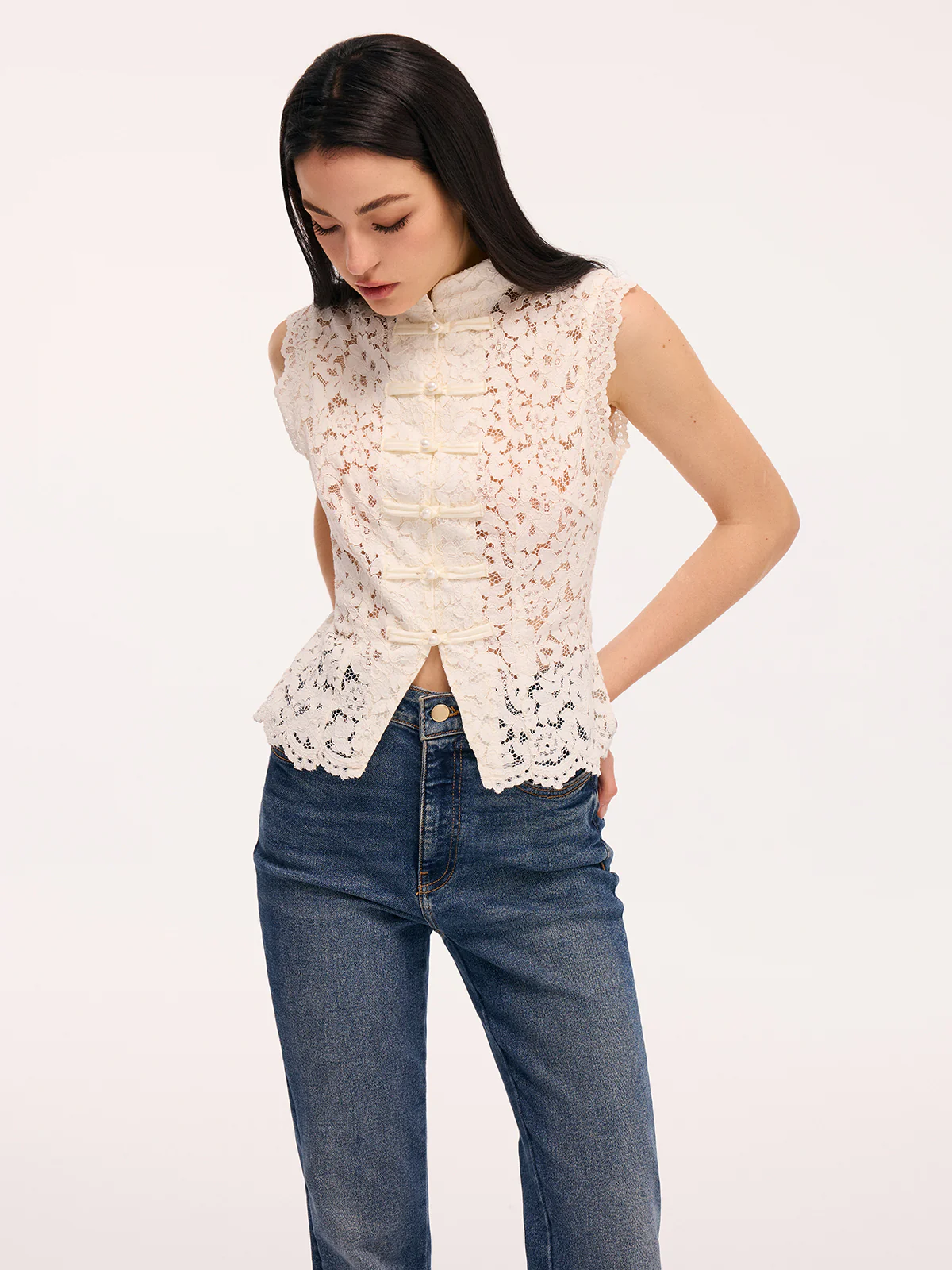 Lace Mandarin Collar Pearl Button Sleeveless Top - Image 5