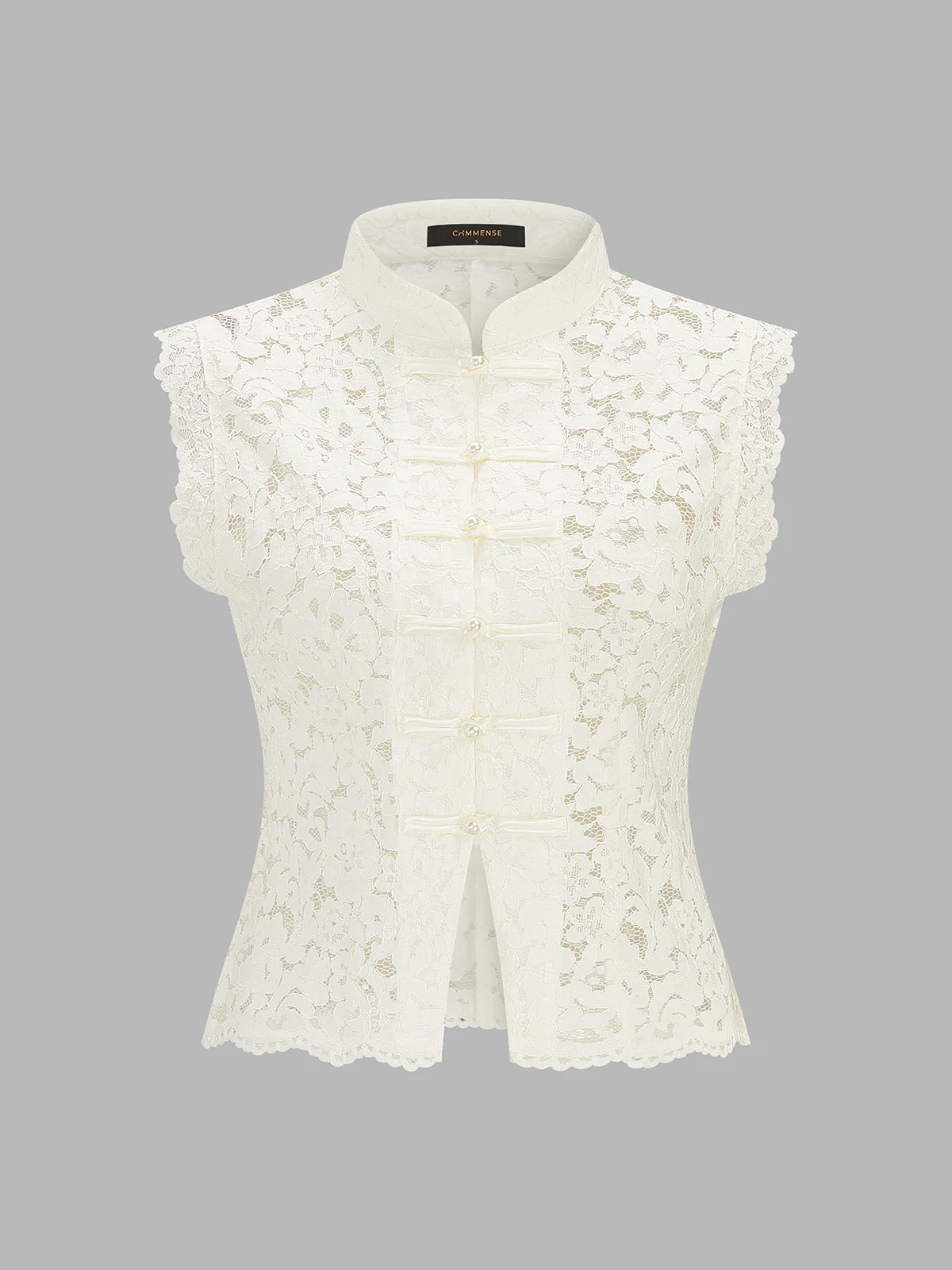 Lace Mandarin Collar Pearl Button Sleeveless Top - Image 7