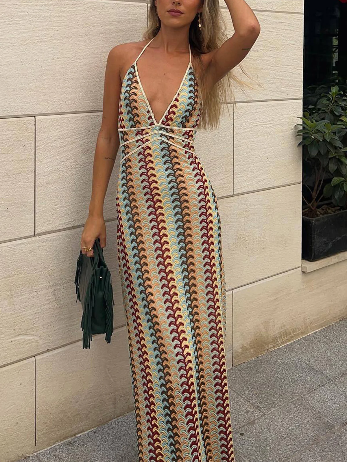 Lace Multi-Color Halter V-Neck Dress - Image 2