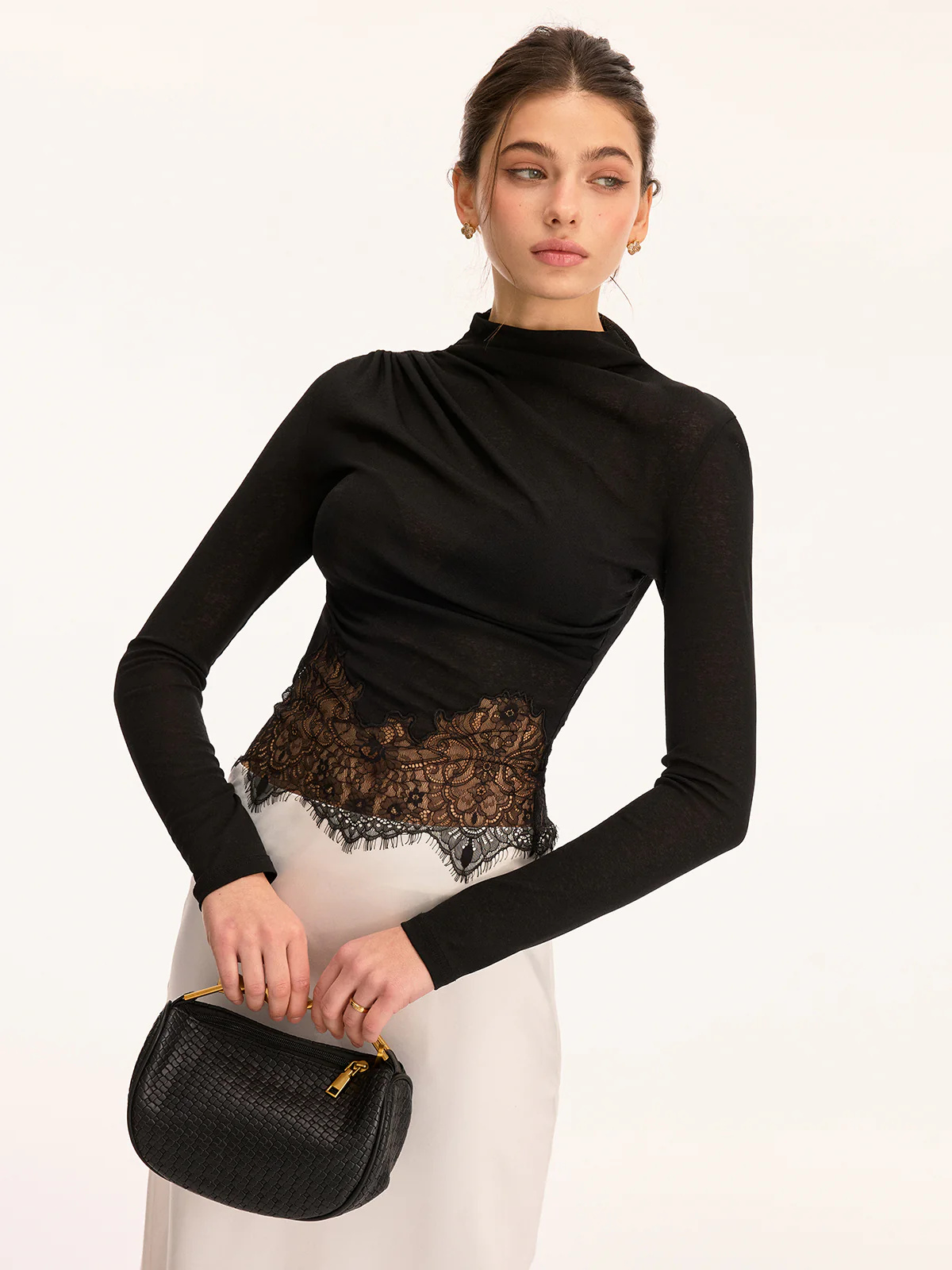 Lace Panel High Neck Long Sleeve Knit Top - Image 3