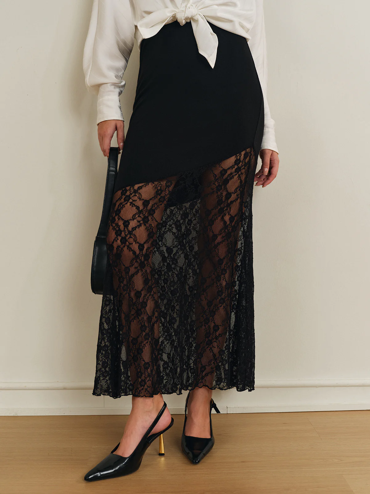 Semi-Sheer Lace Panel Jersey Skirt - Image 3
