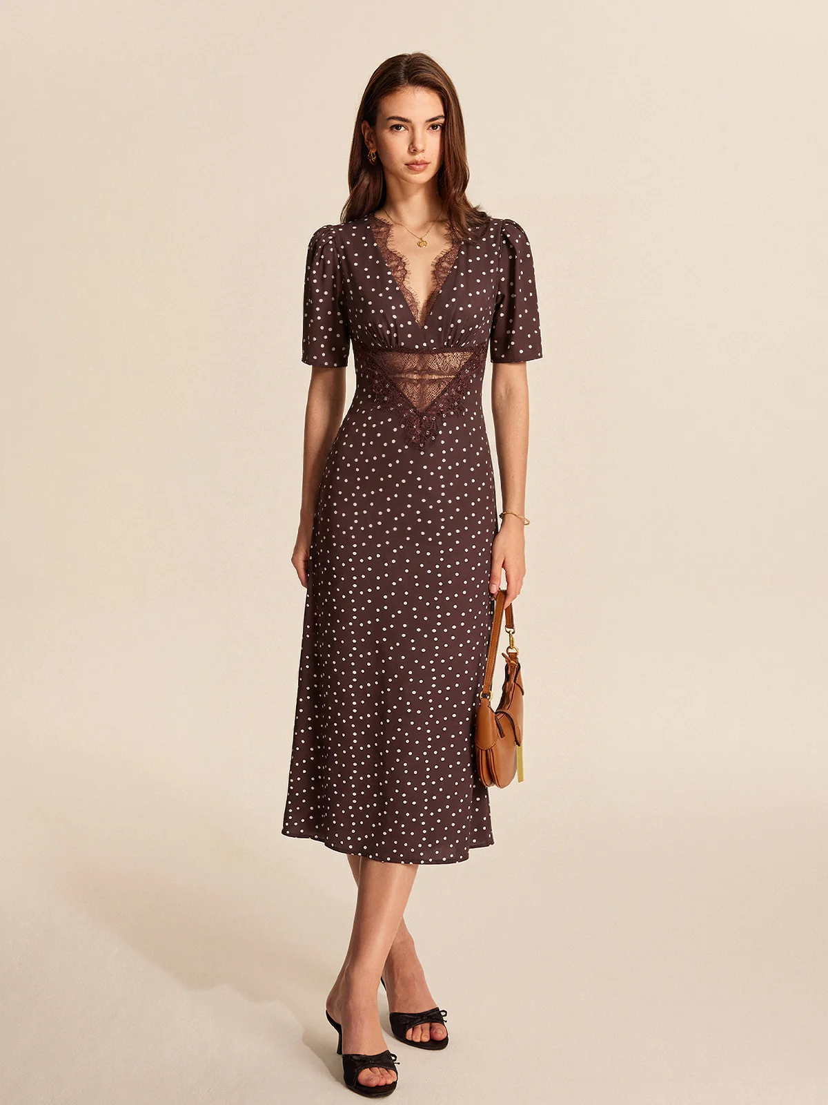 Lace Panel Polka Dot Short Sleeve Maxi Dress