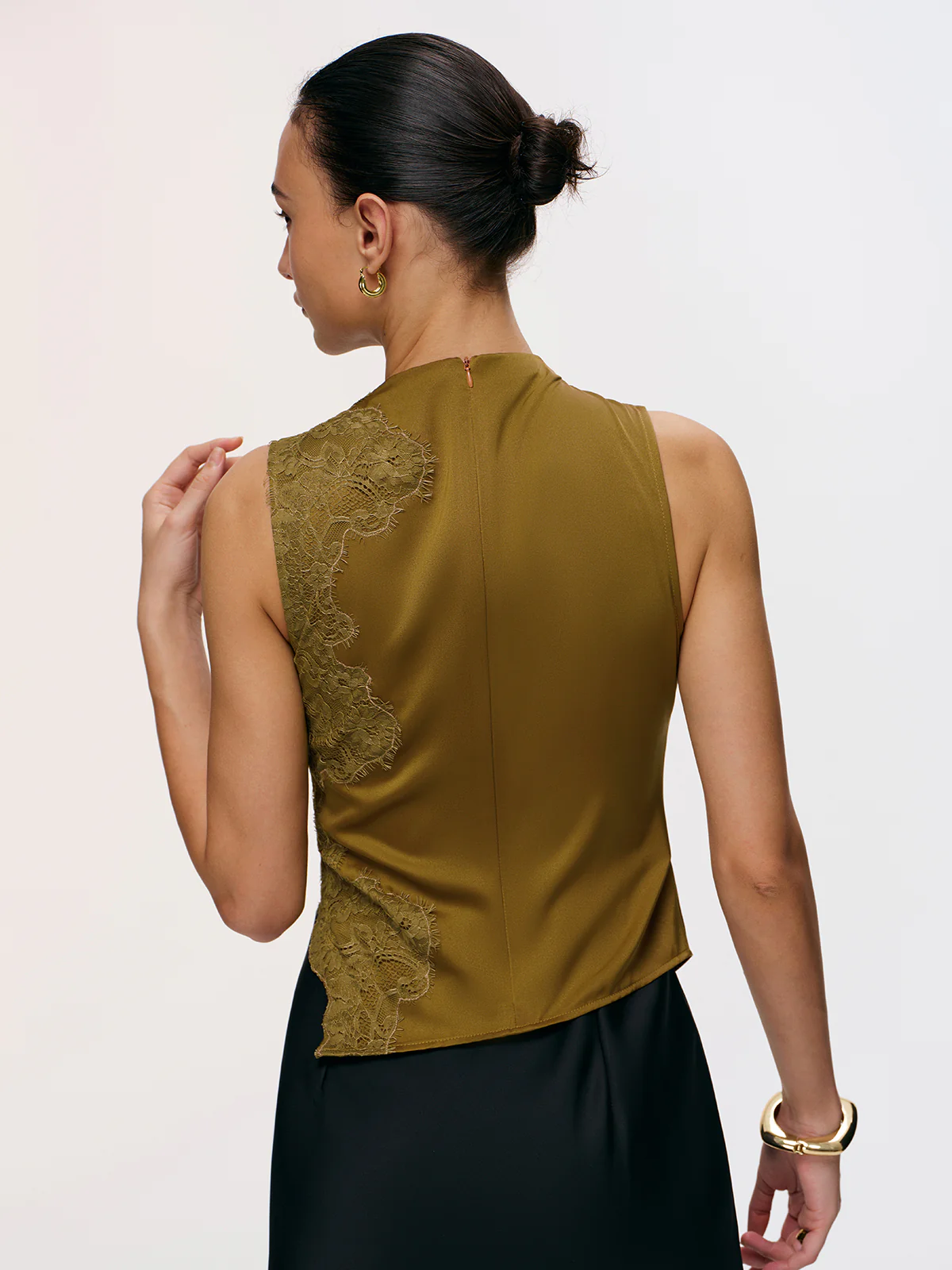Lace Panel Ruched Side-Slit Satin Blouse - Image 3
