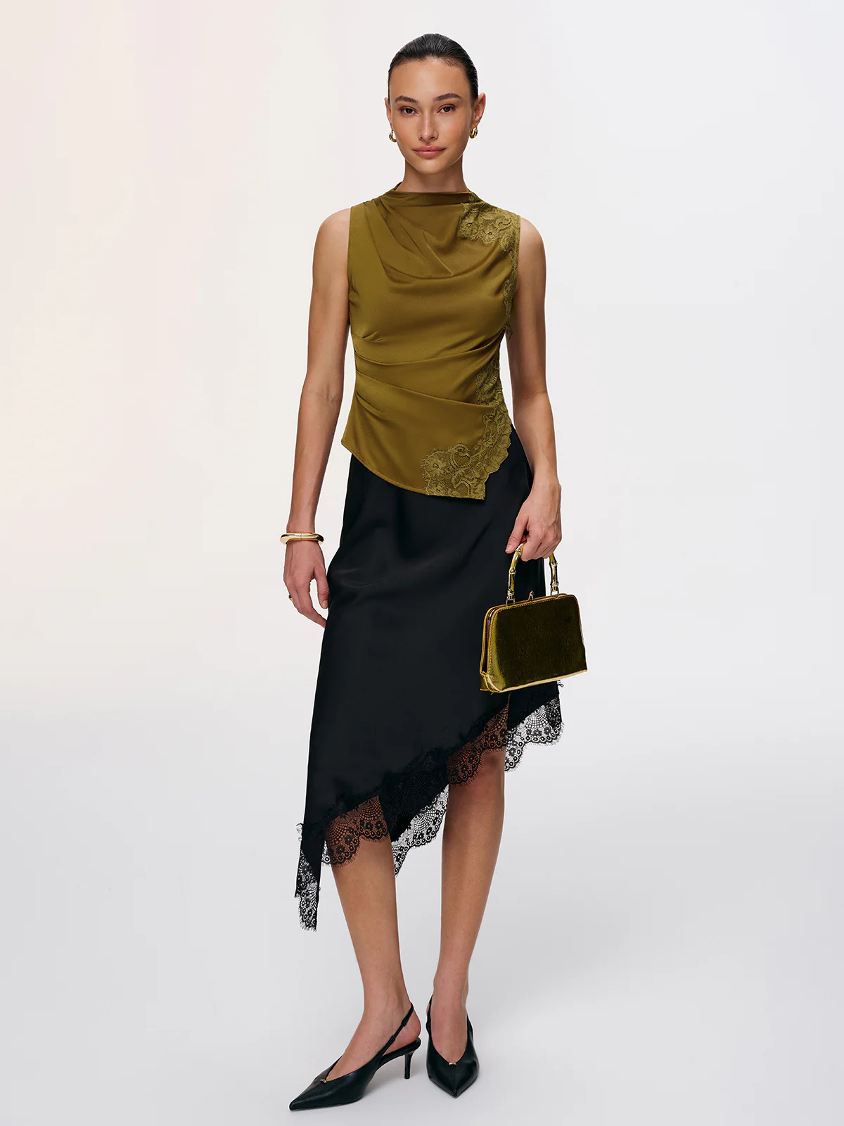 Lace Panel Ruched Side-Slit Satin Blouse - Image 4