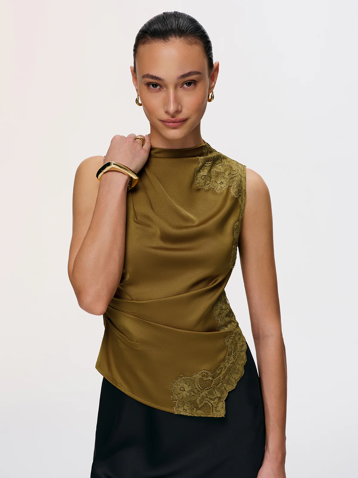 Lace Panel Ruched Side-Slit Satin Blouse - Image 5