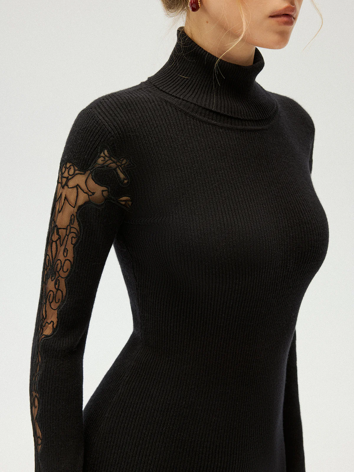 Lace Panel Turtleneck Ribbed Knit Top - Image 3