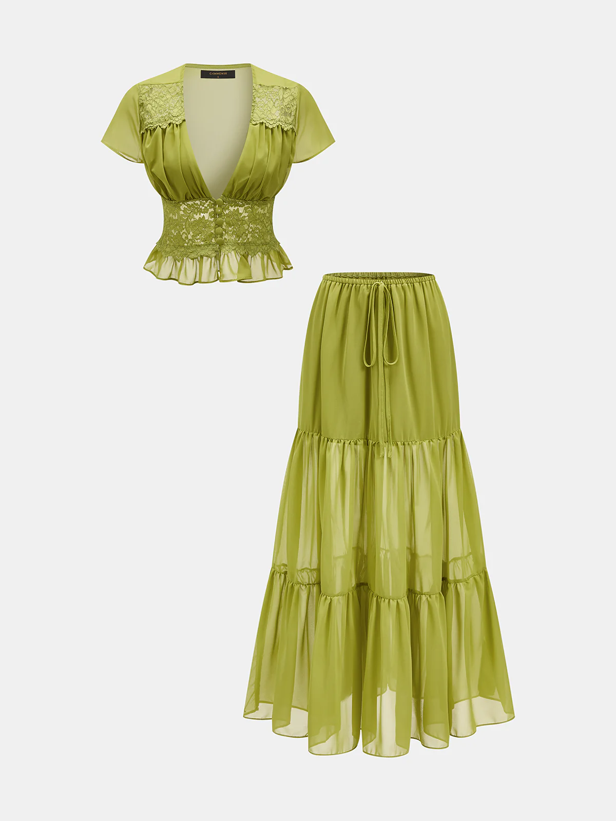 Lace Panel V-Neck Top & Tiered Skirt Set