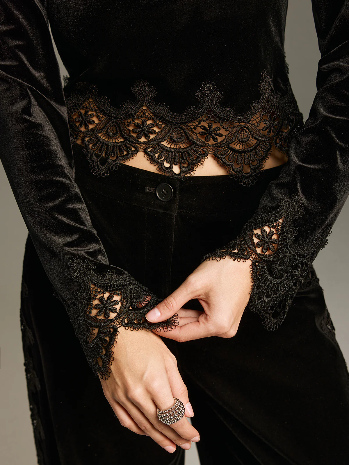 Lace Panel Velvet Long-Sleeve Top - Image 2