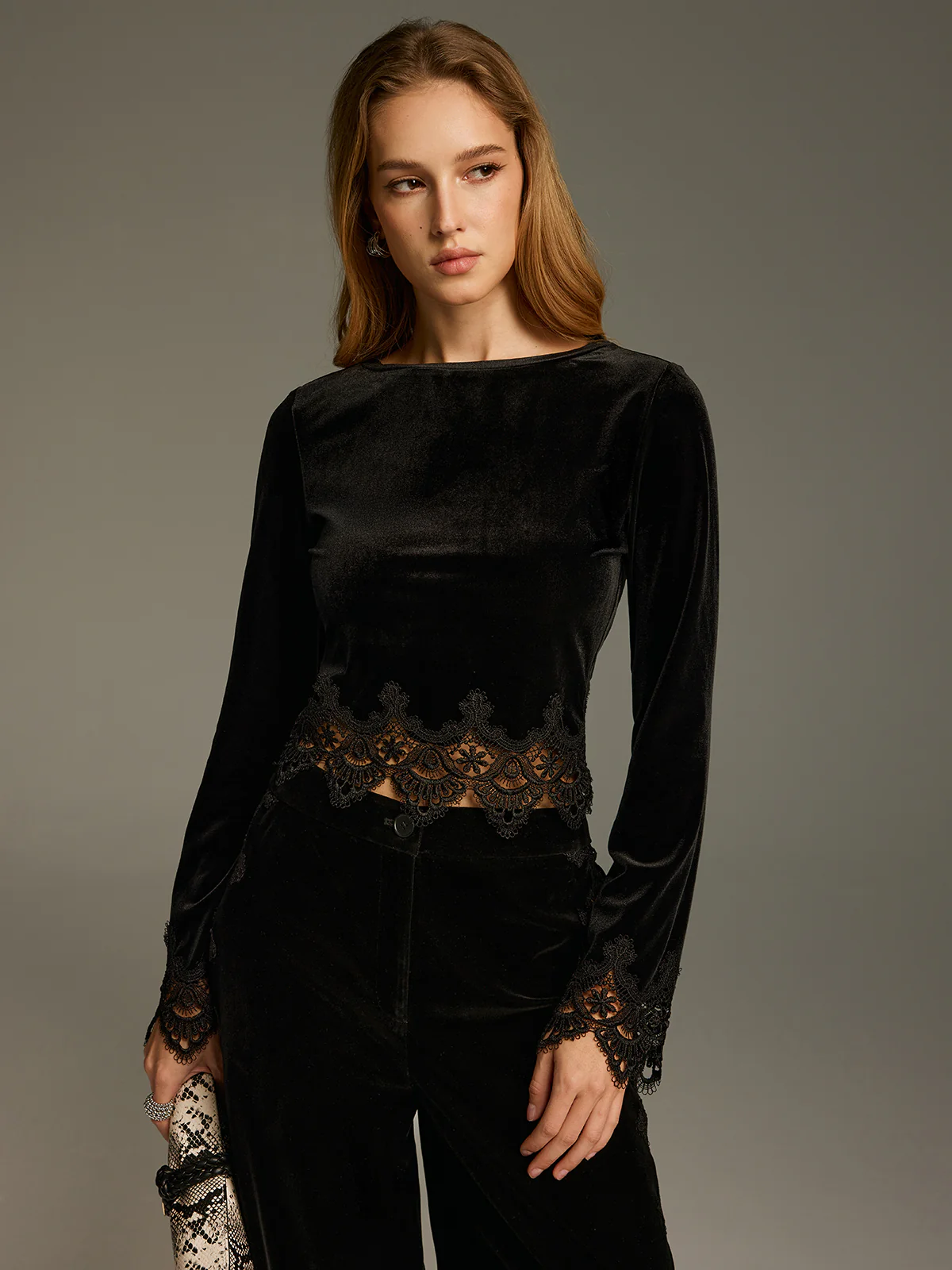 Lace Panel Velvet Long-Sleeve Top - Image 3