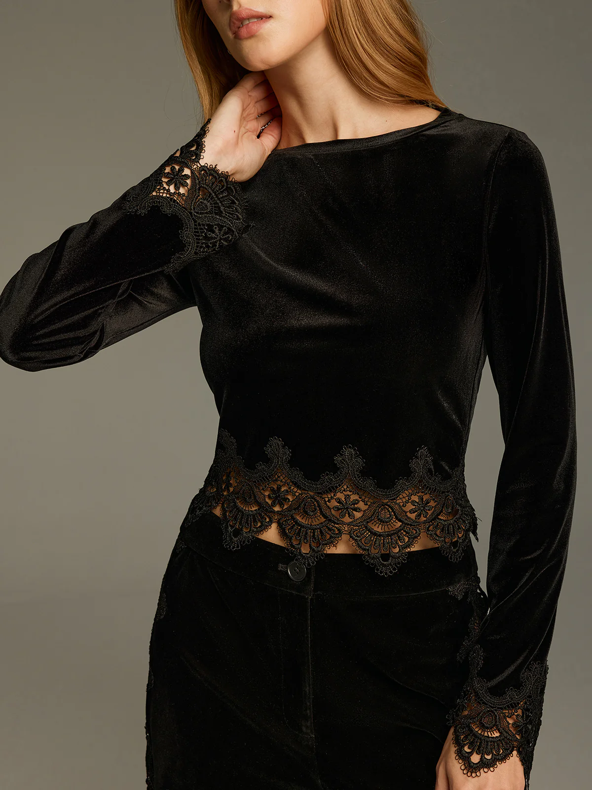 Lace Panel Velvet Long-Sleeve Top - Image 4