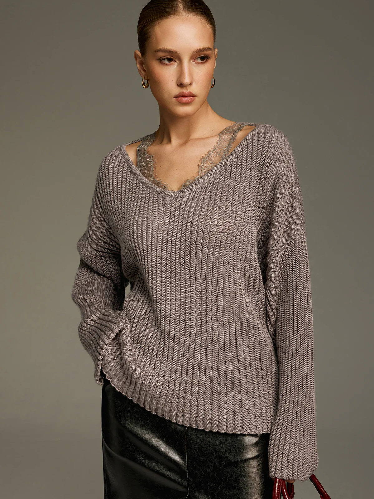 Lace Panel Wool-Blend Ribbed Knit Top - Image 2
