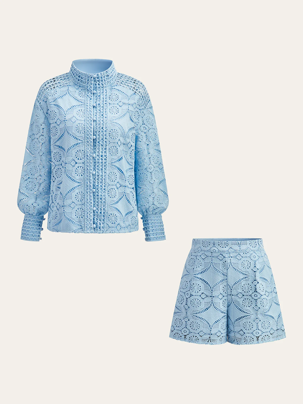 Lace Puff Sleeve Shorts Set Without Belt