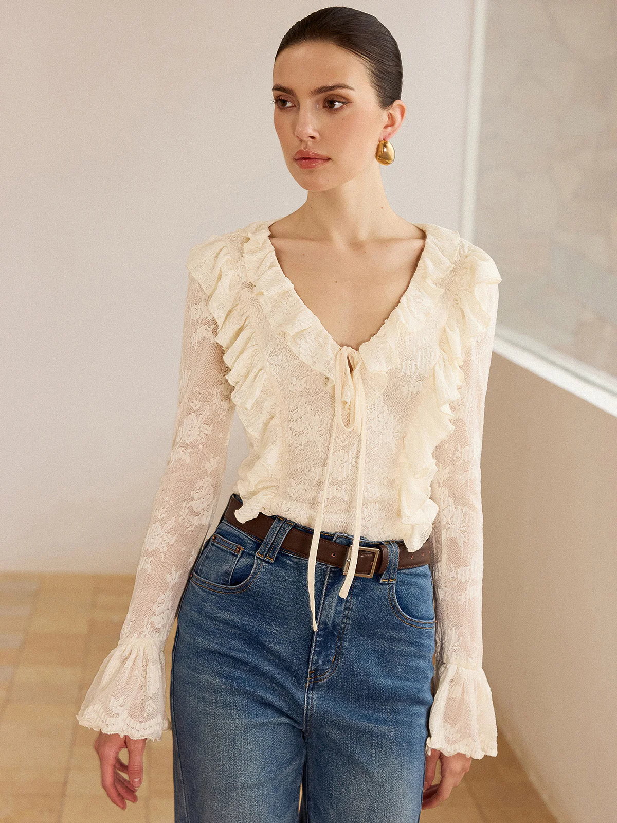 Semi-Sheer Lace Ruffle Trim V-Neck Blouse - Image 3