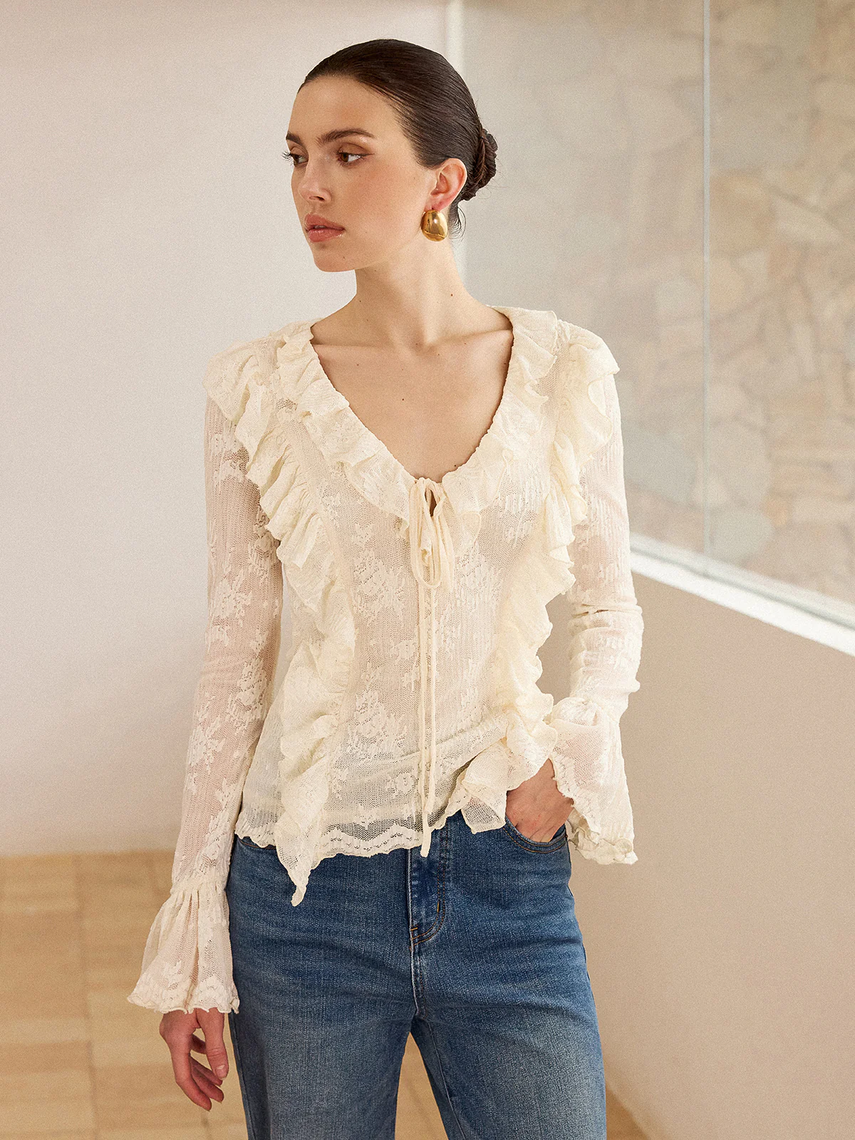 Semi-Sheer Lace Ruffle Trim V-Neck Blouse - Image 4