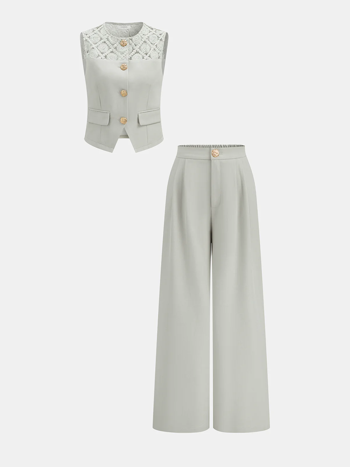 Lace Spliced Vest & Wide Leg Pants Set