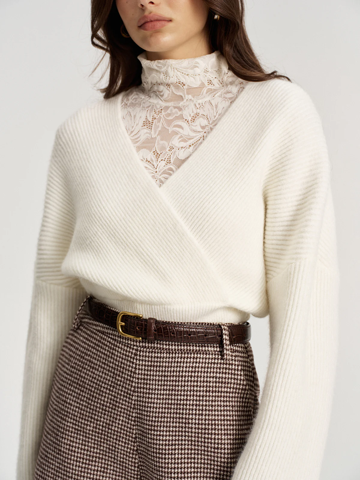 Lace Top and V Neck Sweater Two Piece Set - Image 3
