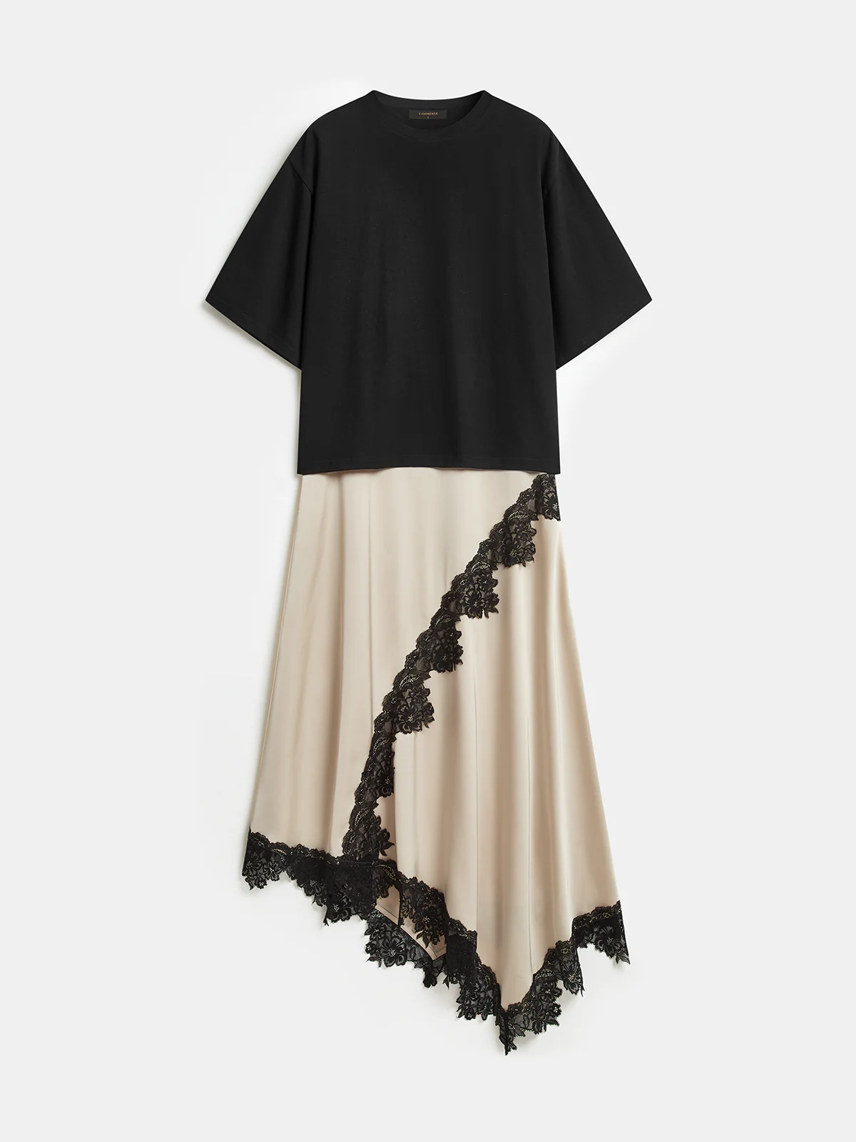 Lace Trim Asymmetric Short Sleeve Midi Dress