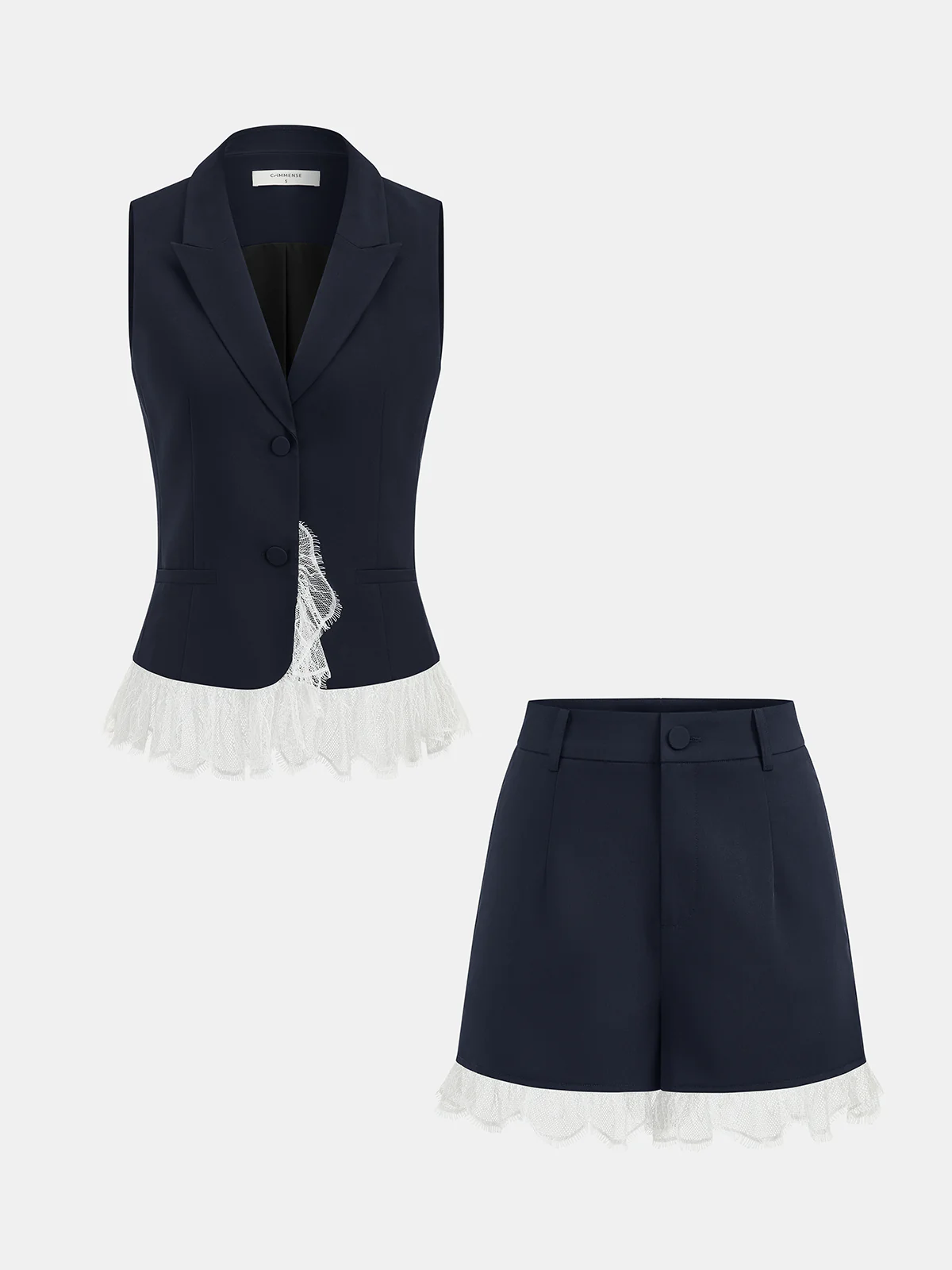 Lace Trim Blazer Vest & Shorts Set - Image 2