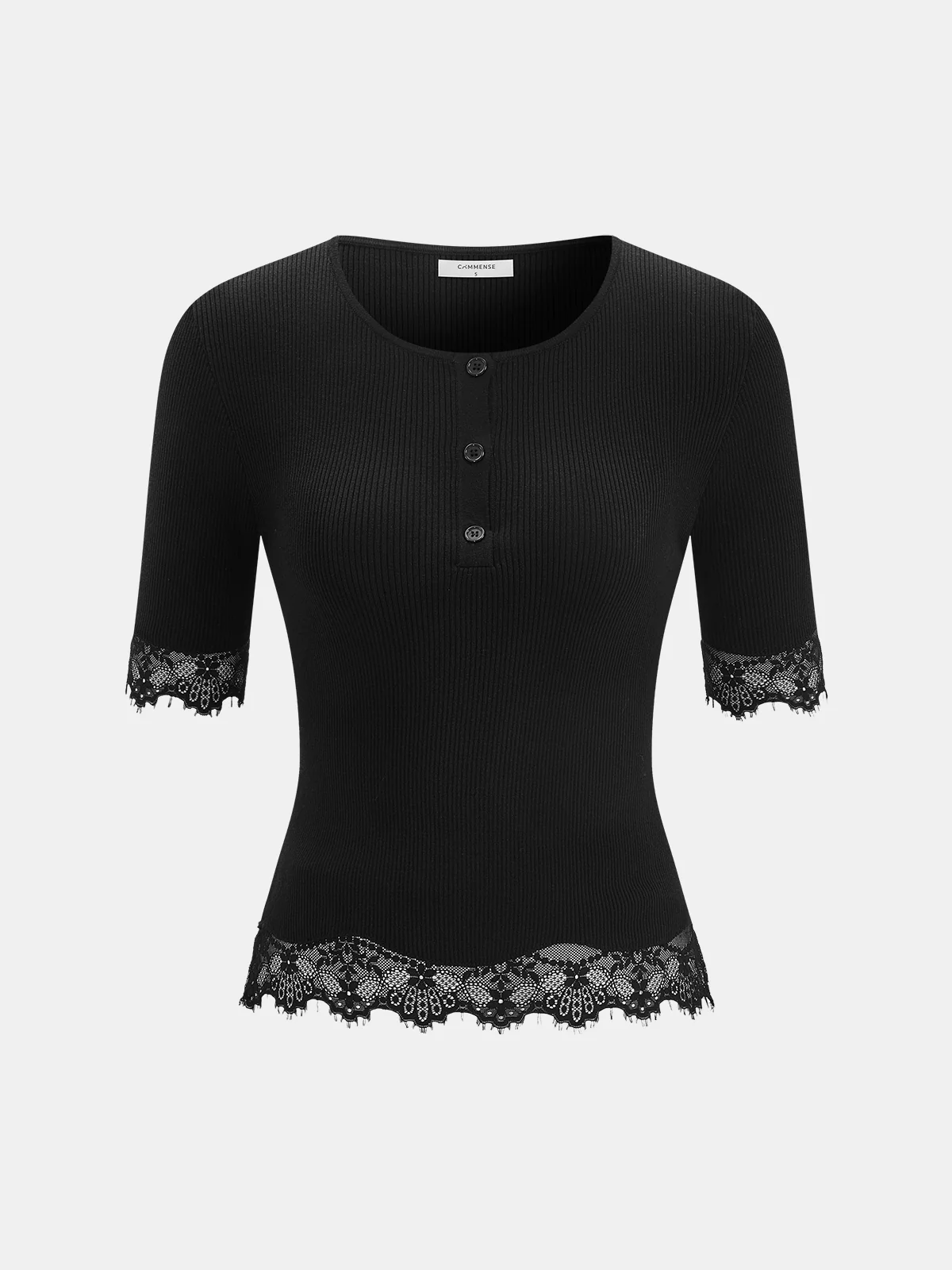 Lace Trim Button Front Ribbed Knit Top