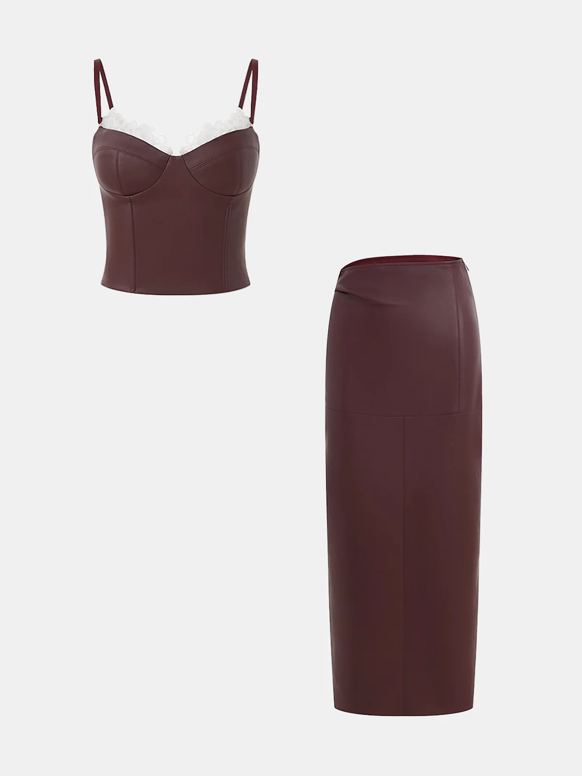 Lace Trim Faux Leather Skirt Set with Removable Straps