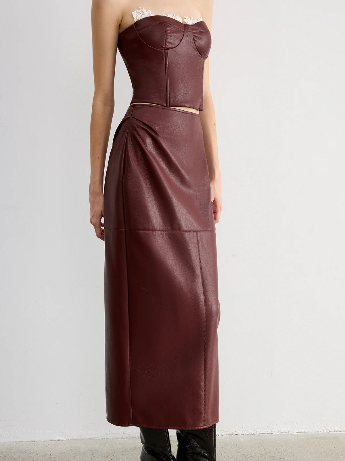 Lace Trim Faux Leather Skirt Set with Removable Straps - Image 4