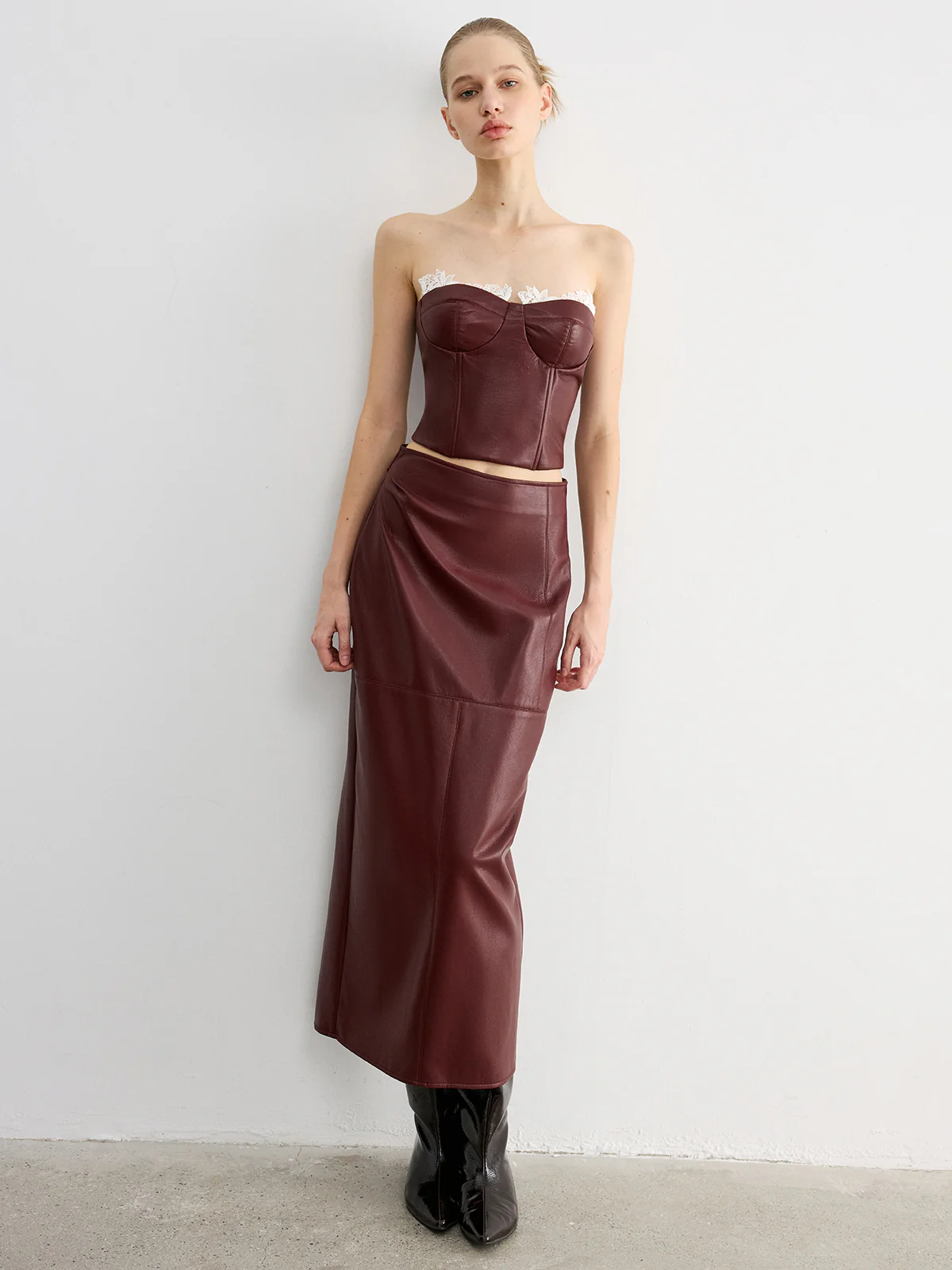 Lace Trim Faux Leather Skirt Set with Removable Straps - Image 5