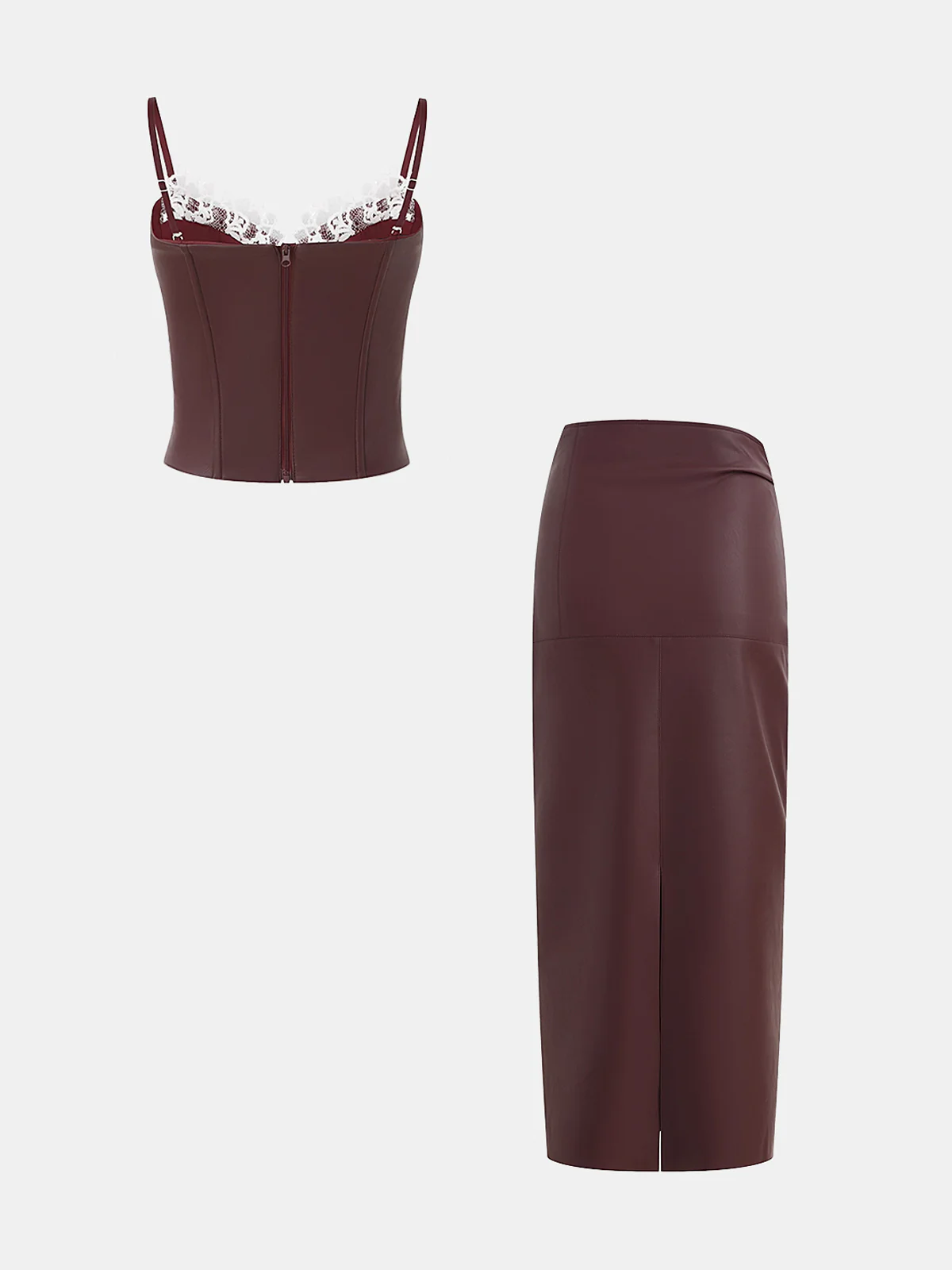 Lace Trim Faux Leather Skirt Set with Removable Straps - Image 8