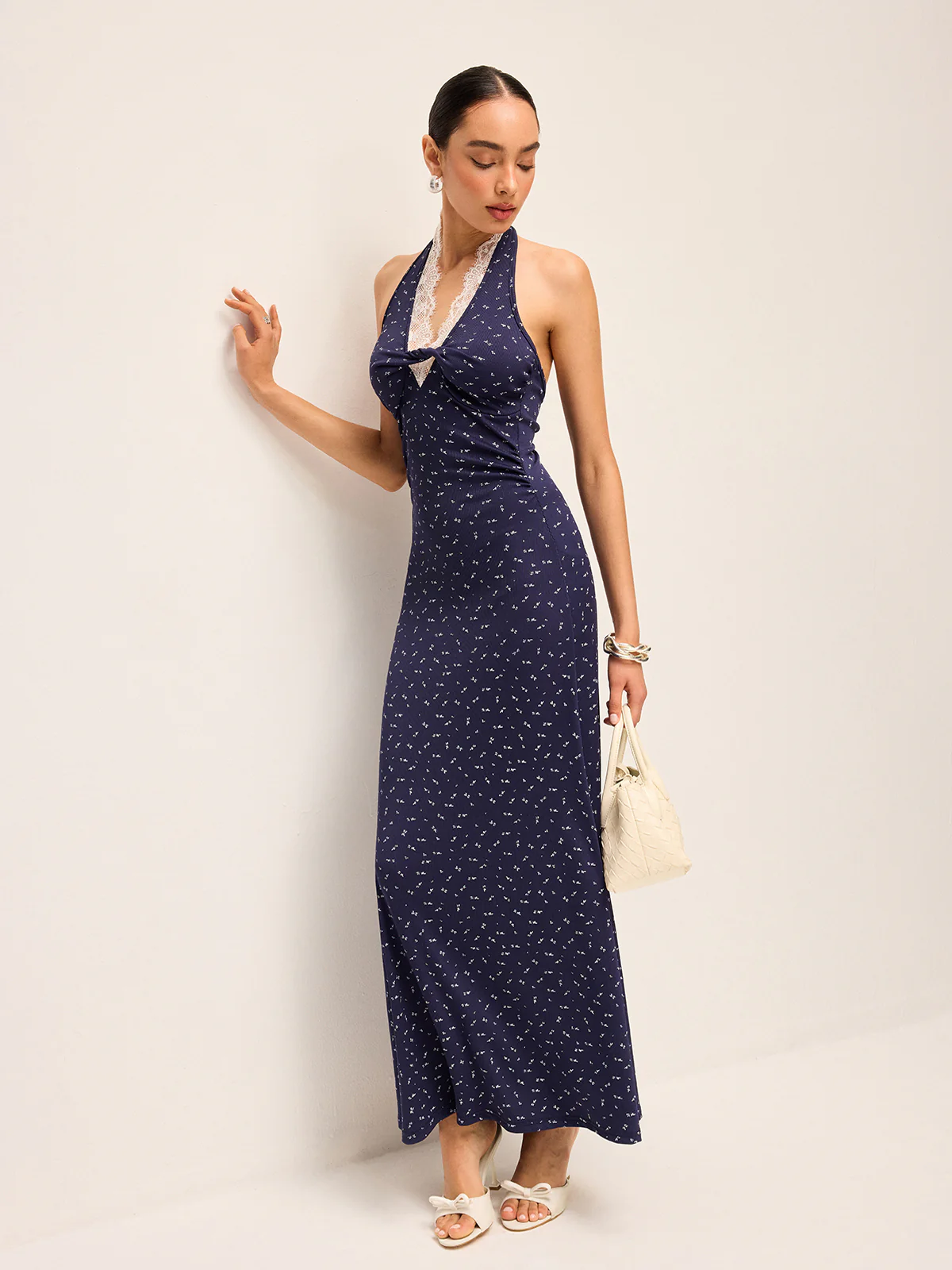 Lace Trim Halter Neck Printed Dress - Image 2