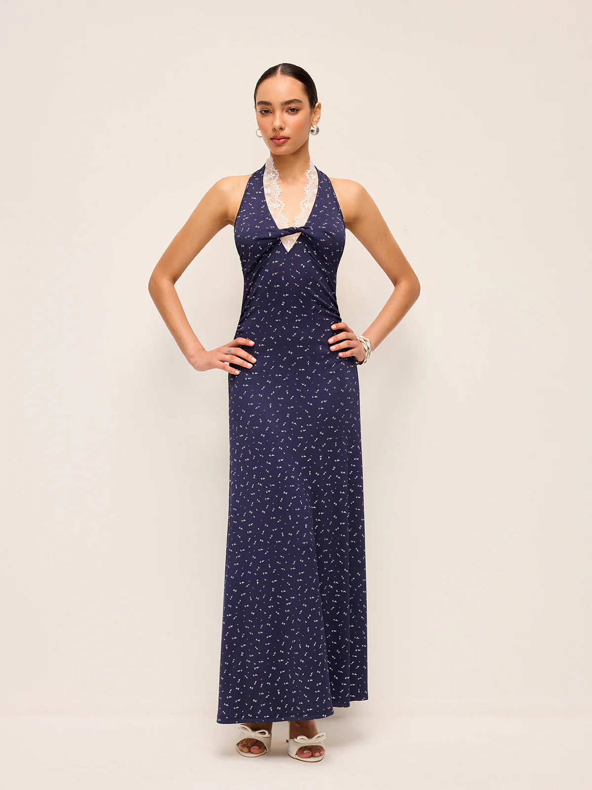 Lace Trim Halter Neck Printed Dress - Image 4