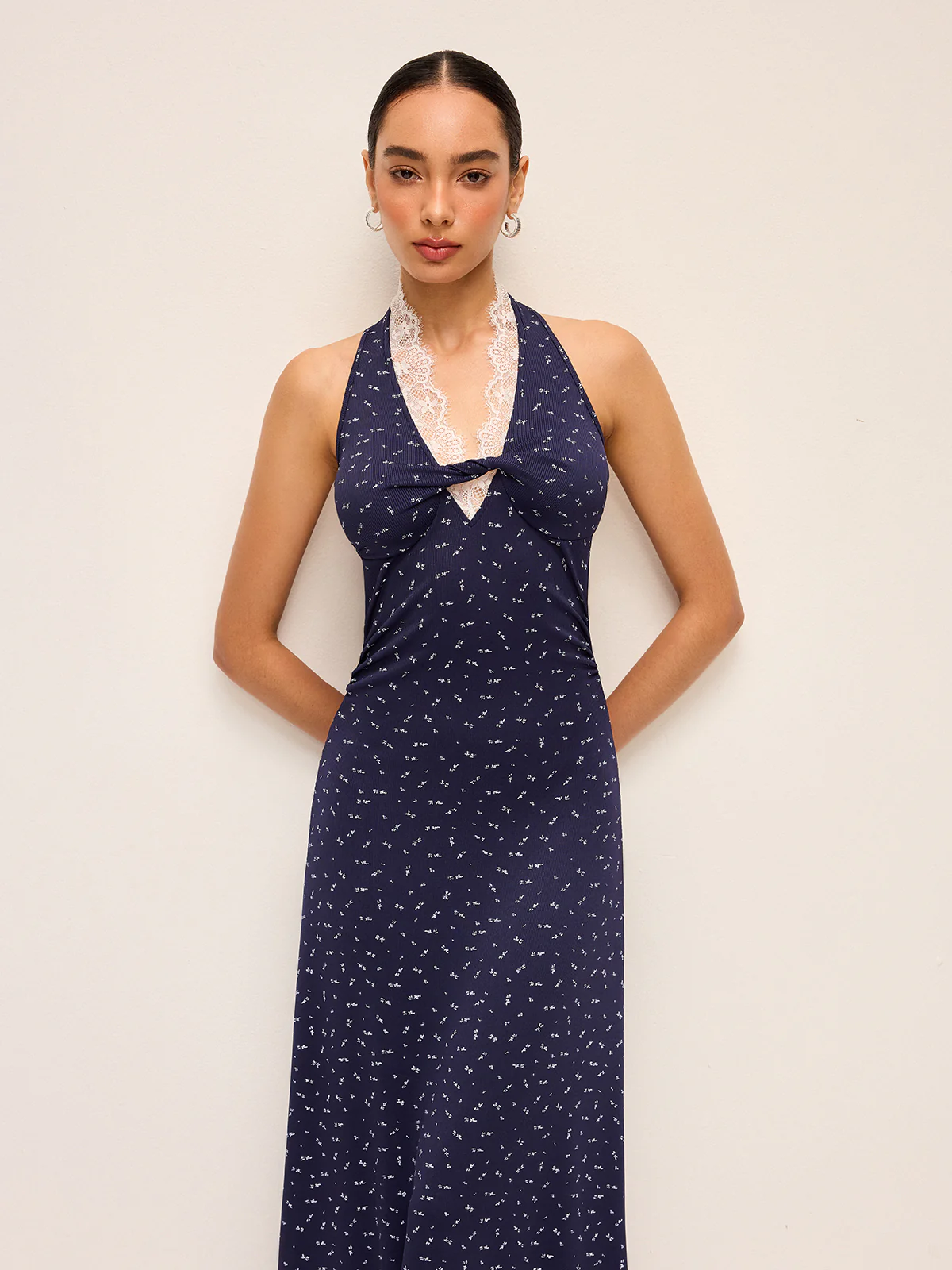 Lace Trim Halter Neck Printed Dress - Image 5