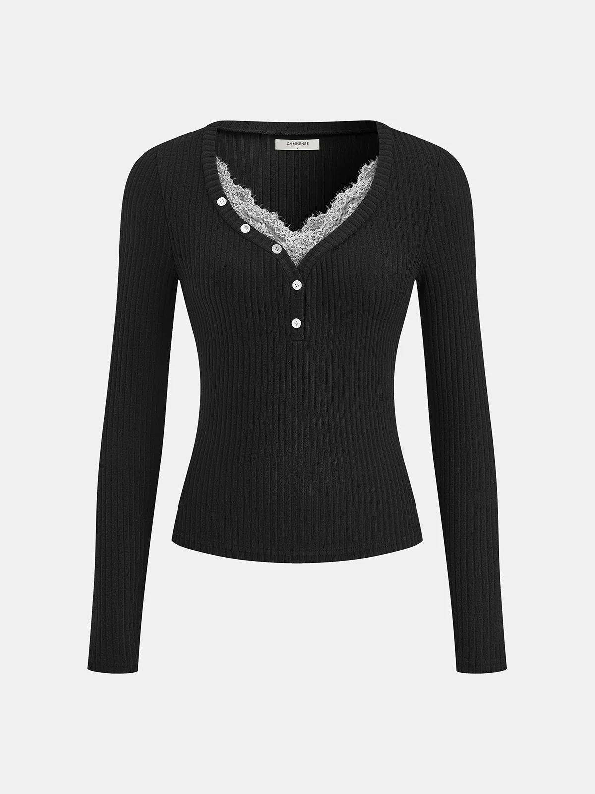 Lace Trim Henley Neck Ribbed Knit Top