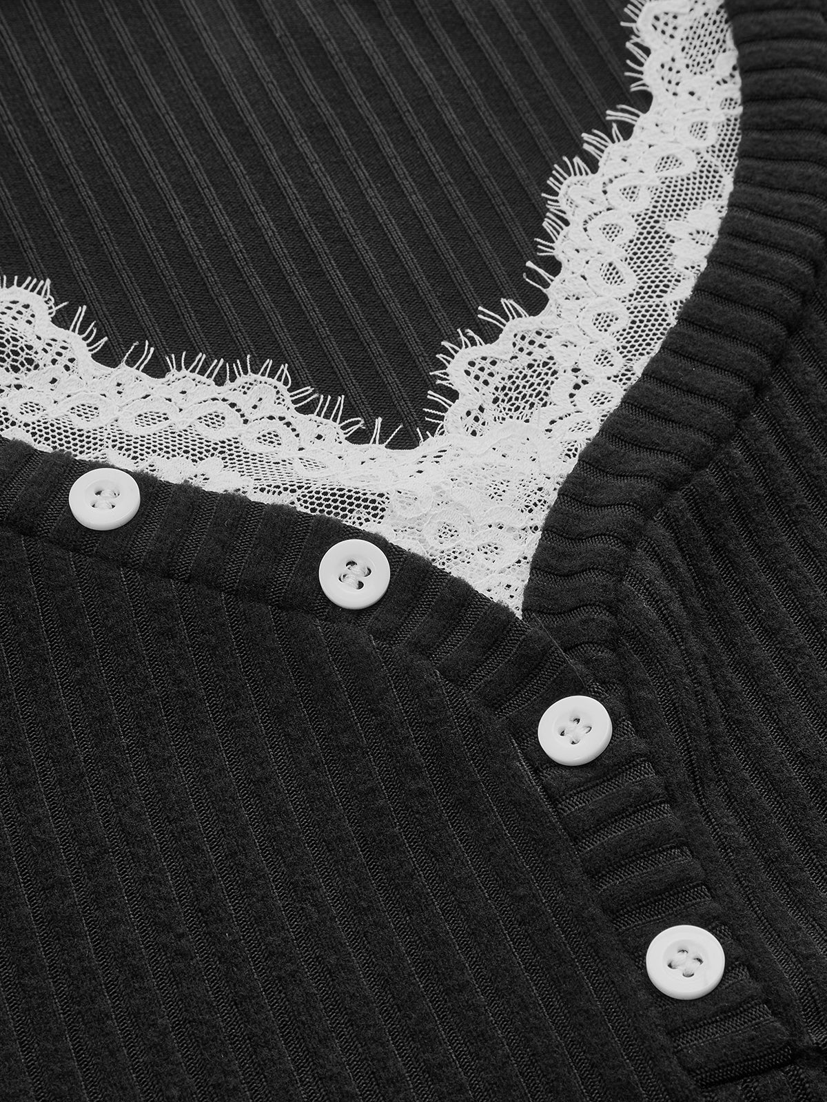 Lace Trim Henley Neck Ribbed Knit Top - Image 3