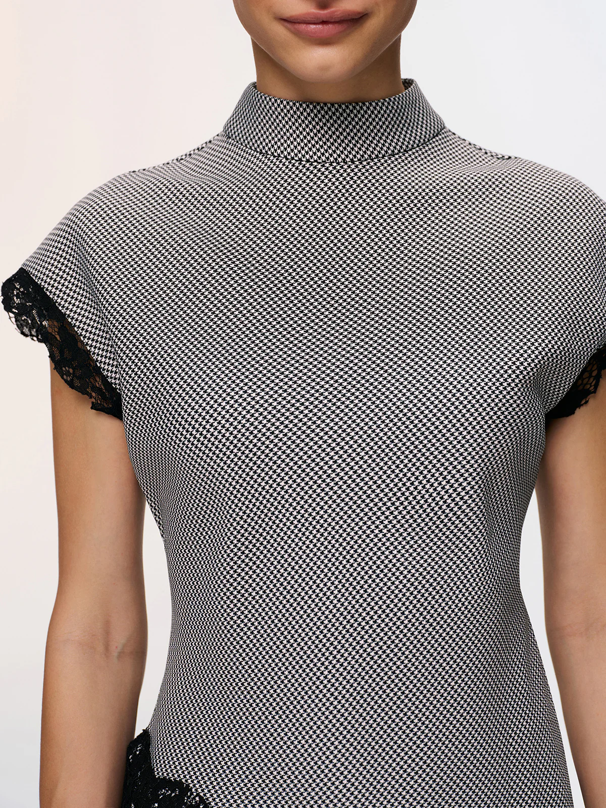 Lace Trim Houndstooth Mock Neck Top - Image 2