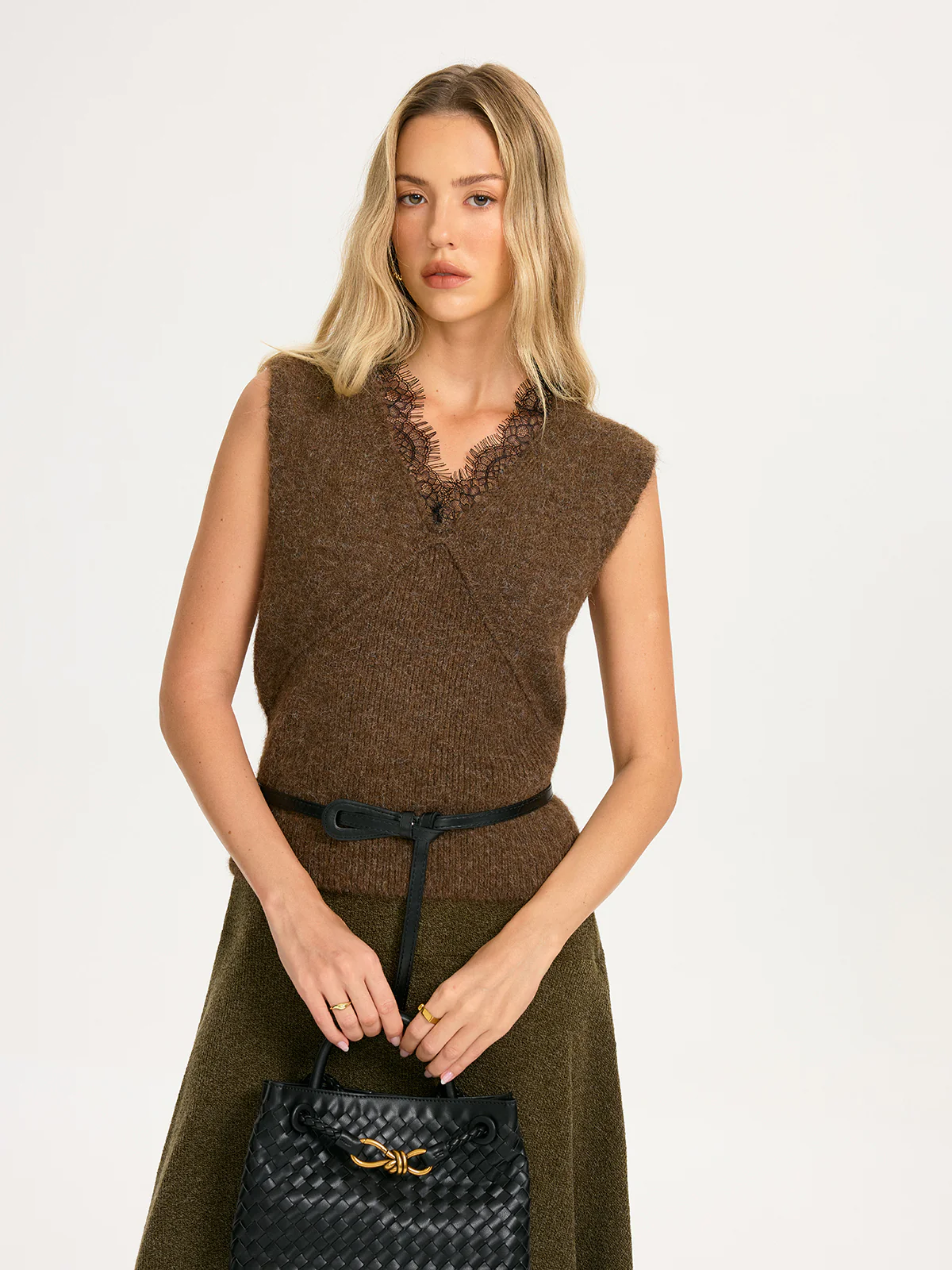 Lace Trim Knit Sleeveless Vest without Belt - Image 3