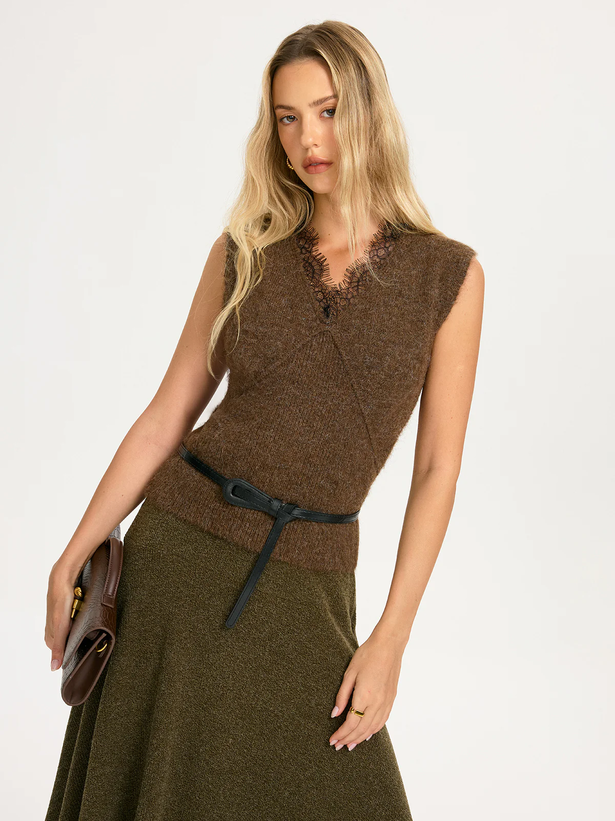 Lace Trim Knit Sleeveless Vest without Belt - Image 4