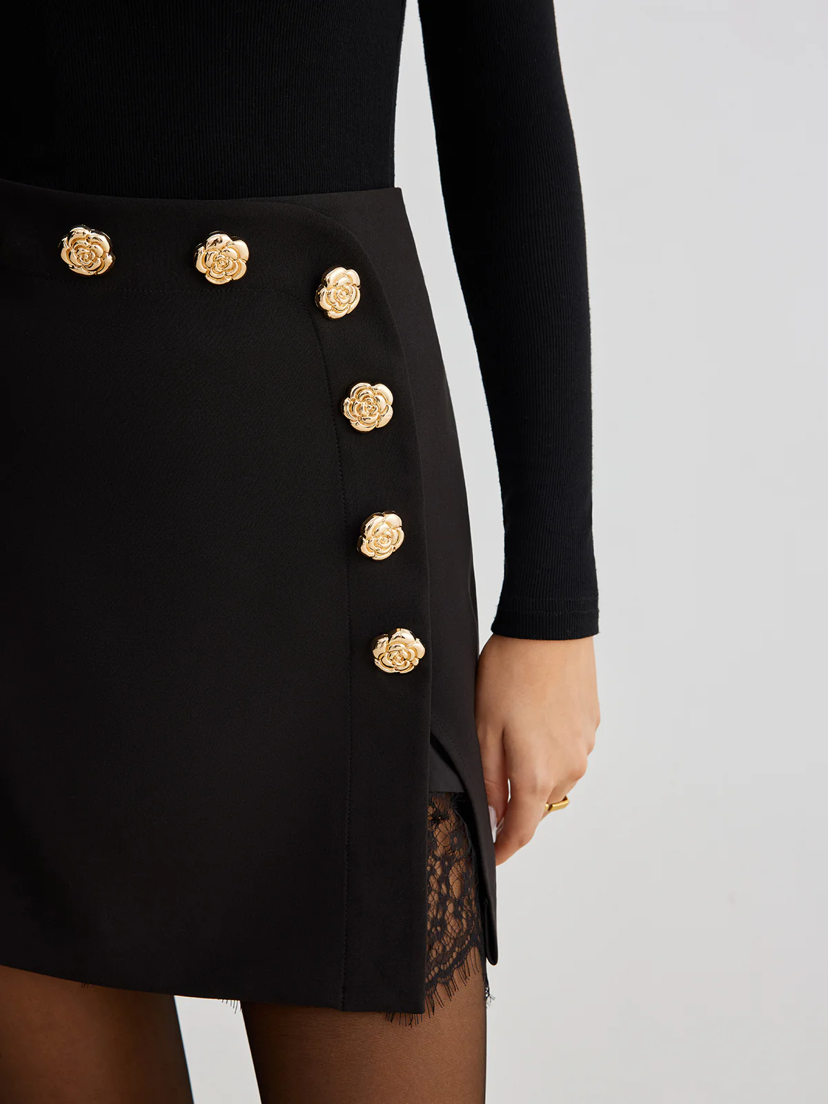 Lace Trim Metal-Flower Zipper Skirt - Image 2