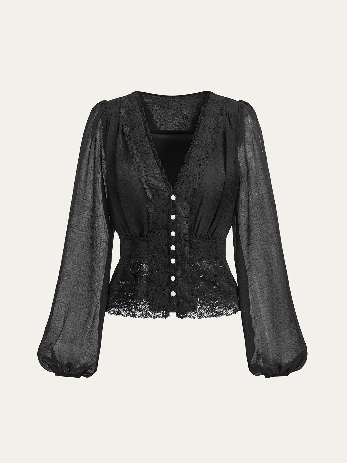 Semi-Sheer Lace Trim Pearl Button Top - Image 2