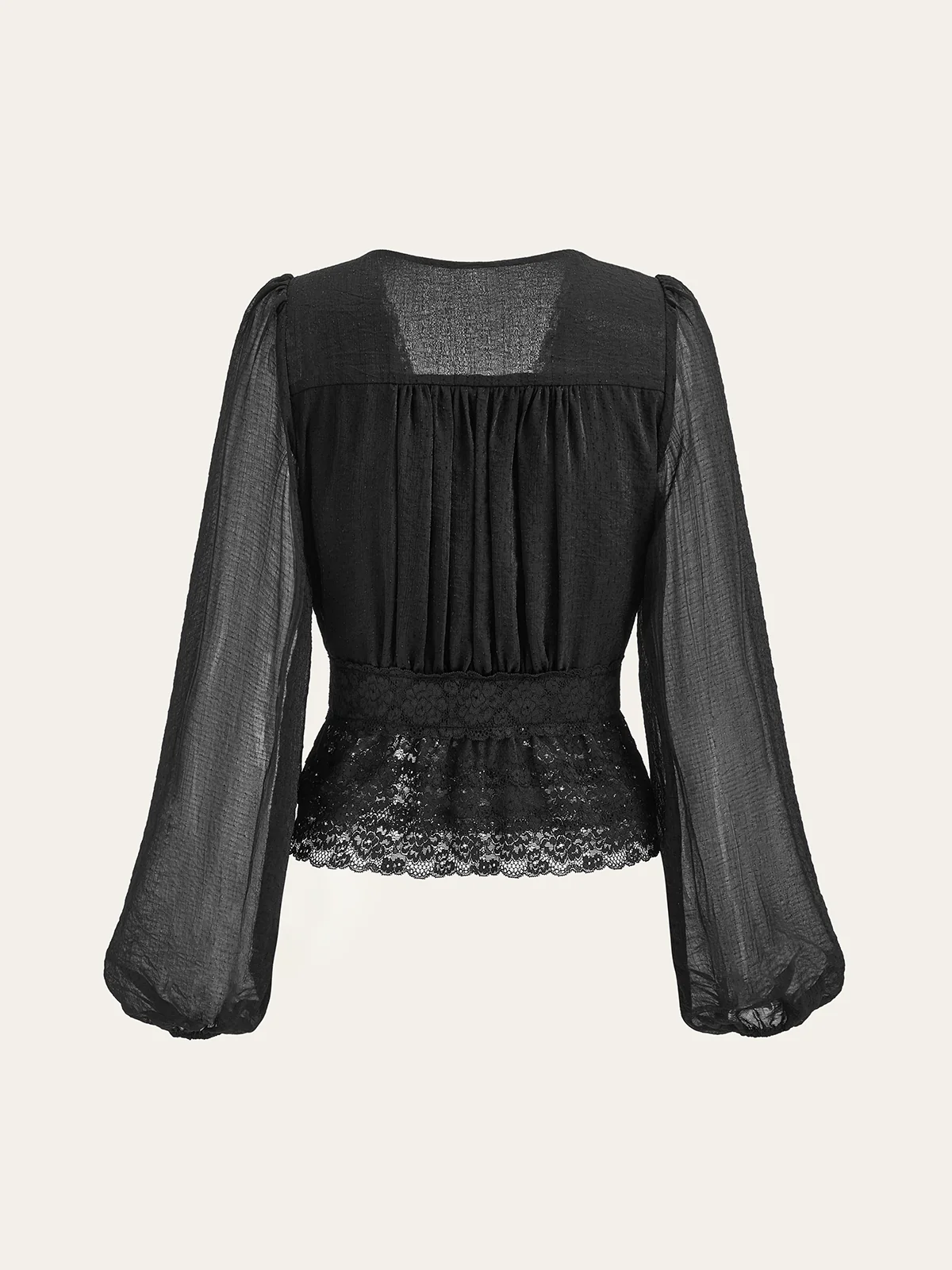 Semi-Sheer Lace Trim Pearl Button Top - Image 5