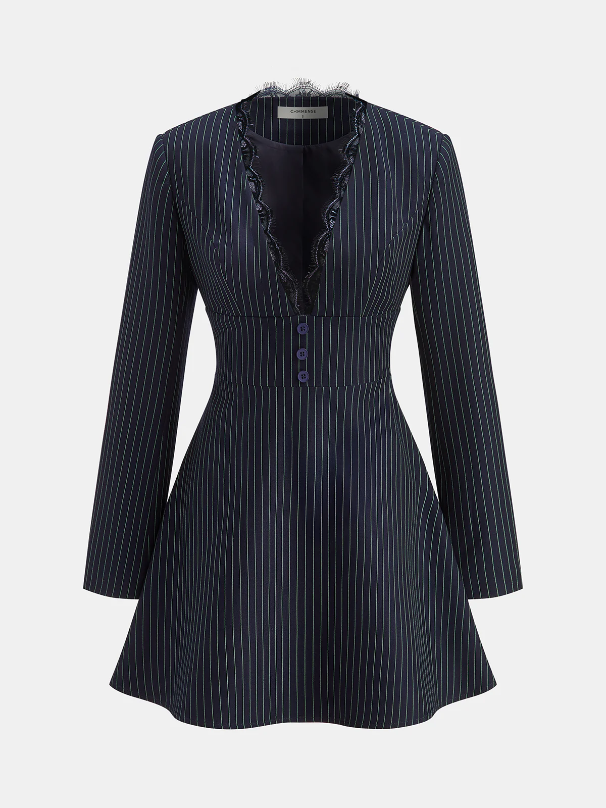 Lace Trim Pinstripe Flared Dress with Tie Neck - Image 2