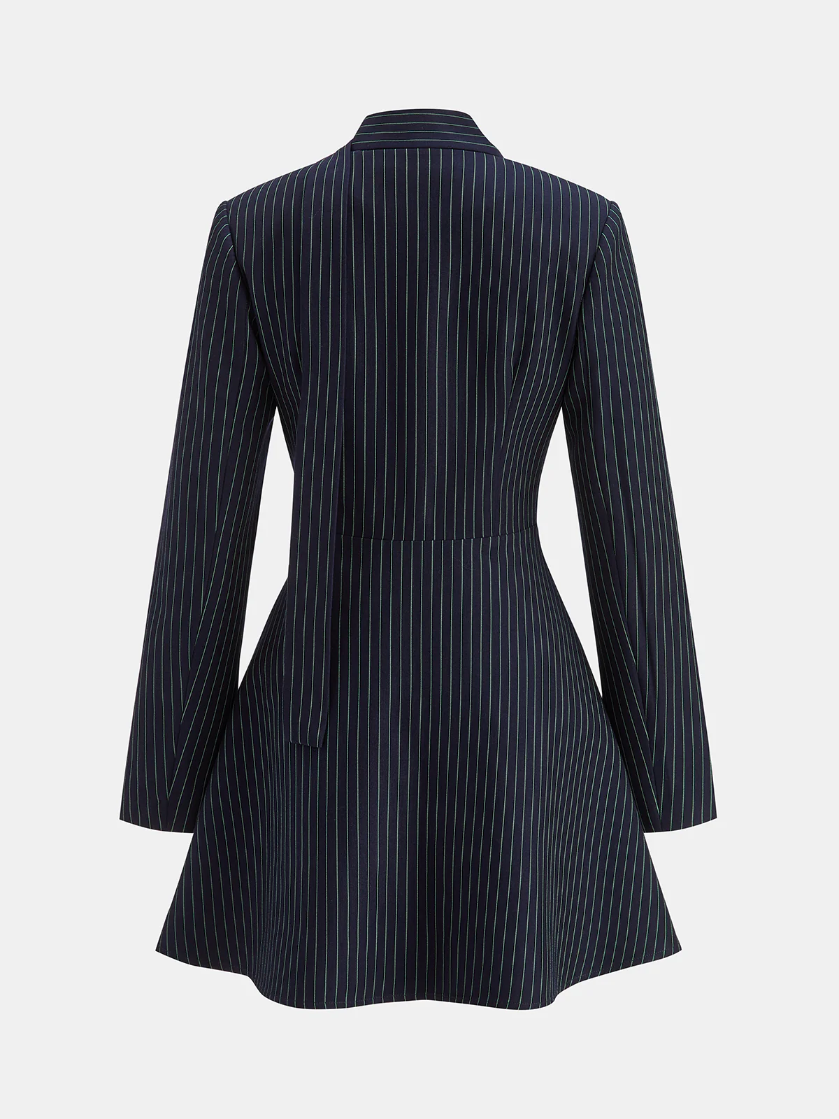 Lace Trim Pinstripe Flared Dress with Tie Neck - Image 3