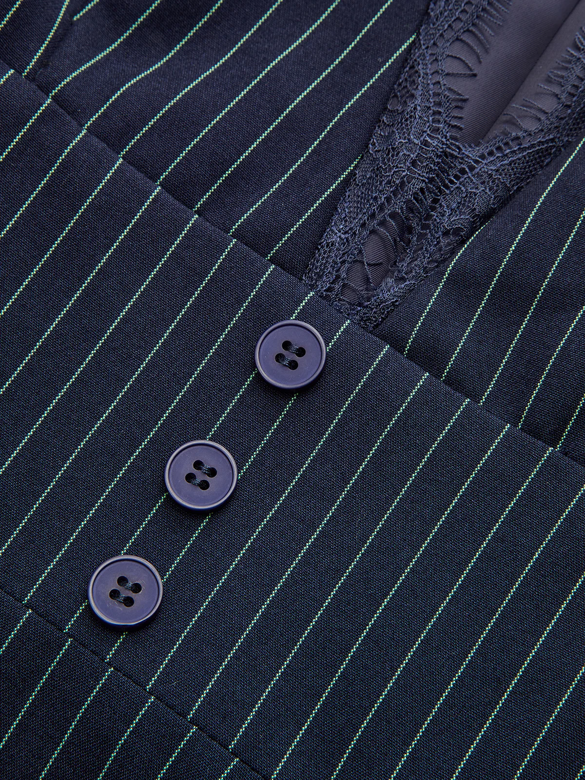 Lace Trim Pinstripe Flared Dress with Tie Neck - Image 5