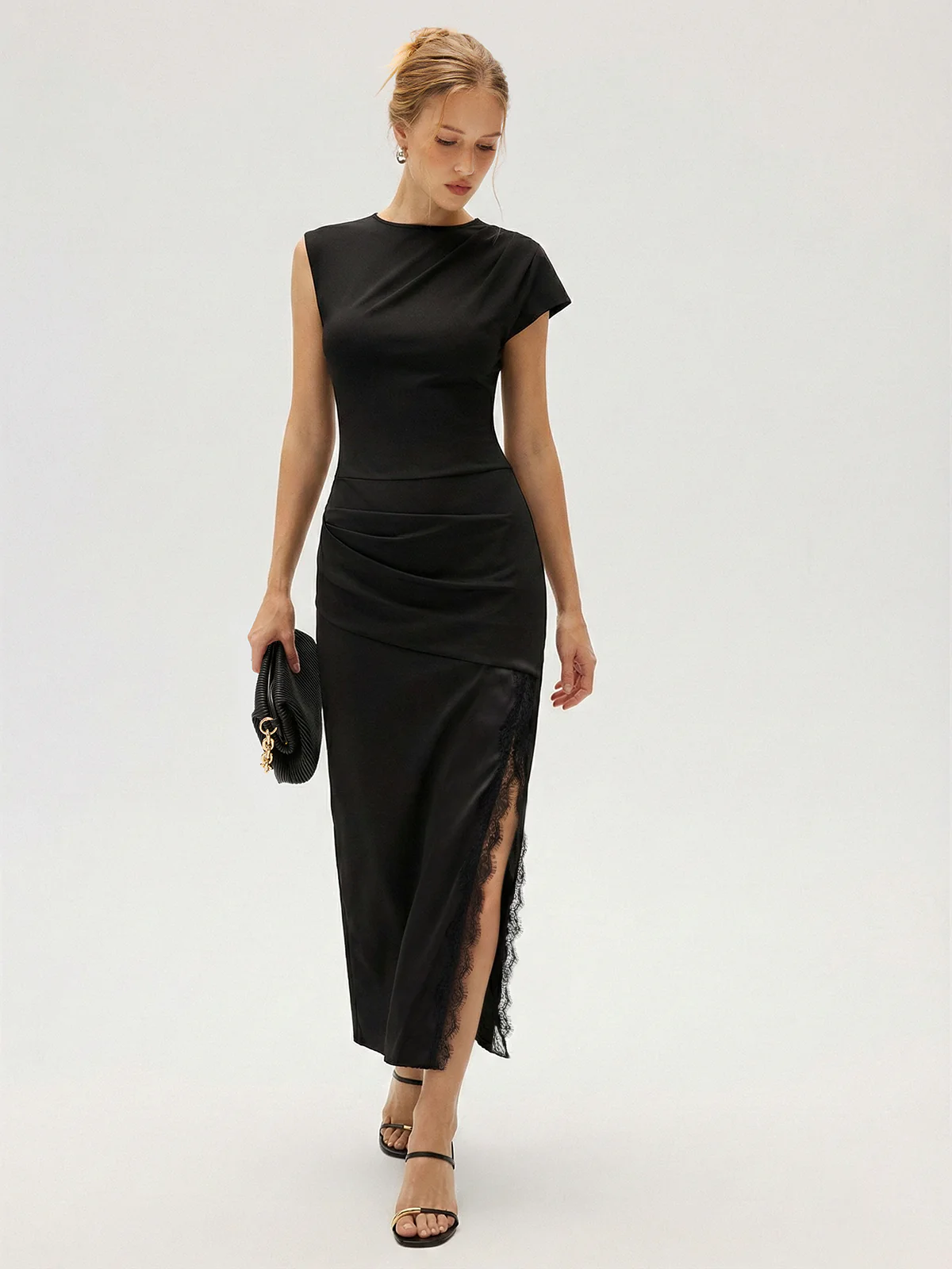 Lace Trim Ruched Slit Satin Midi Dress